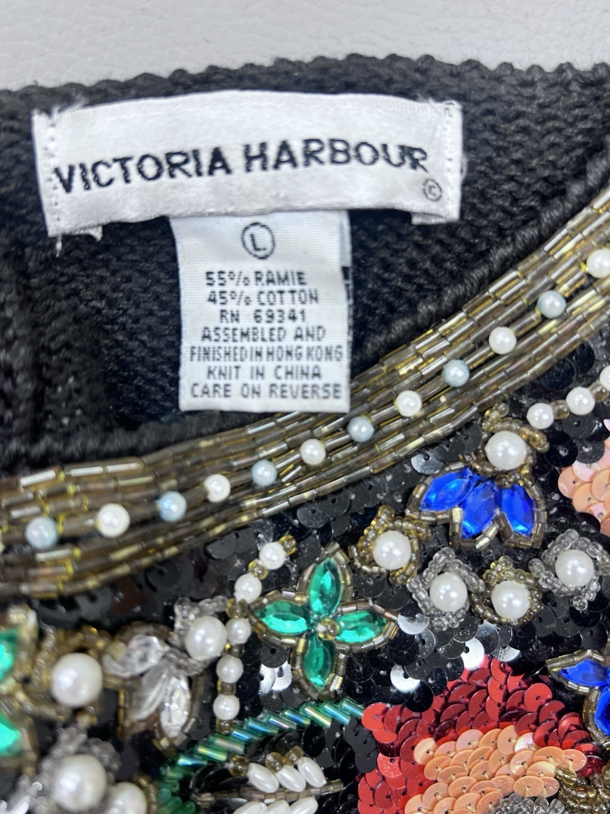 VTG 80s Victoria Harbour Black Embroidered Rhinestone Flowers Sweater Sz L