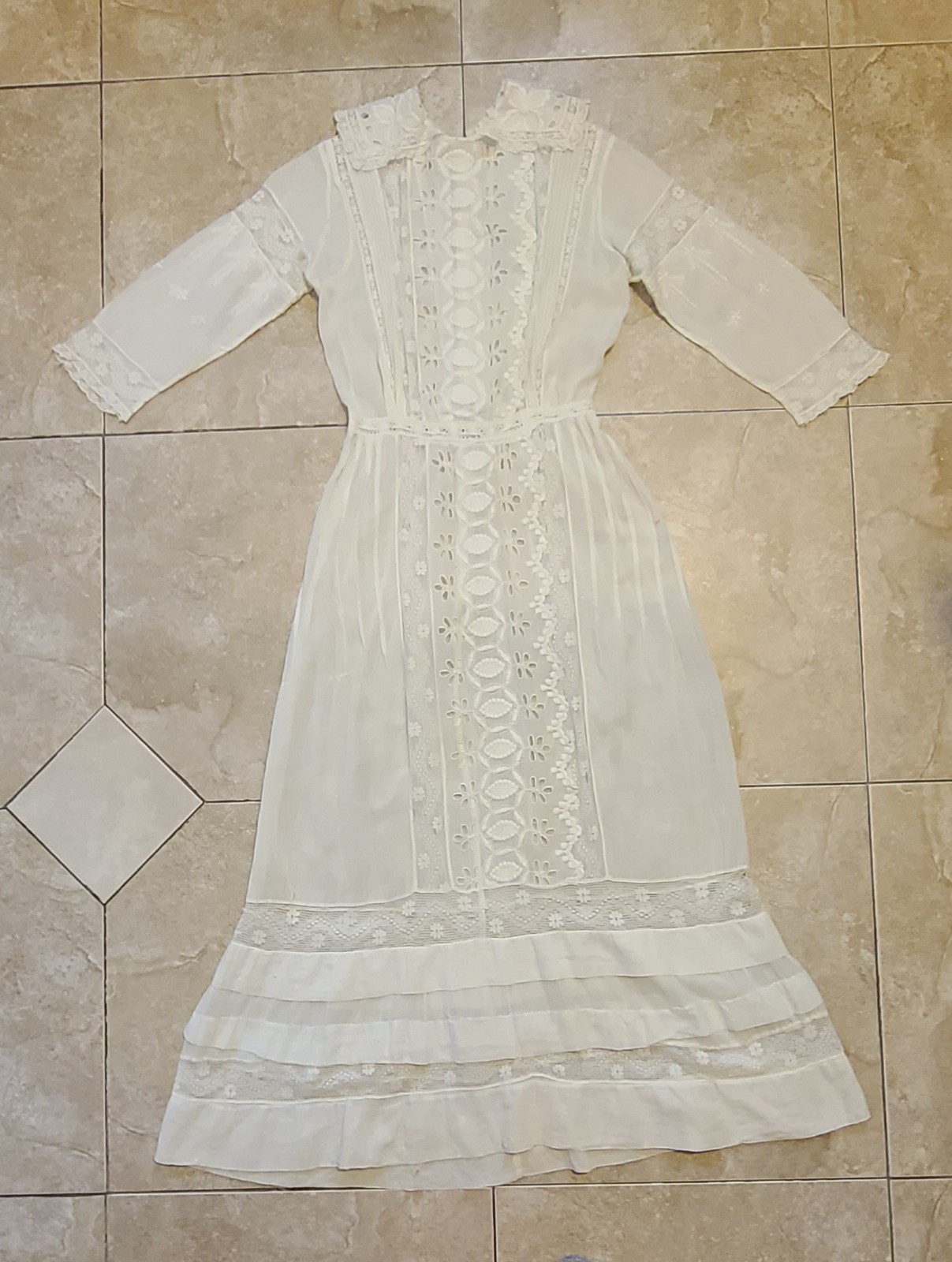 Antique Bellas Hess & Co Edwardian Victorian Sheer Lace Maxi Dress XS Wedding