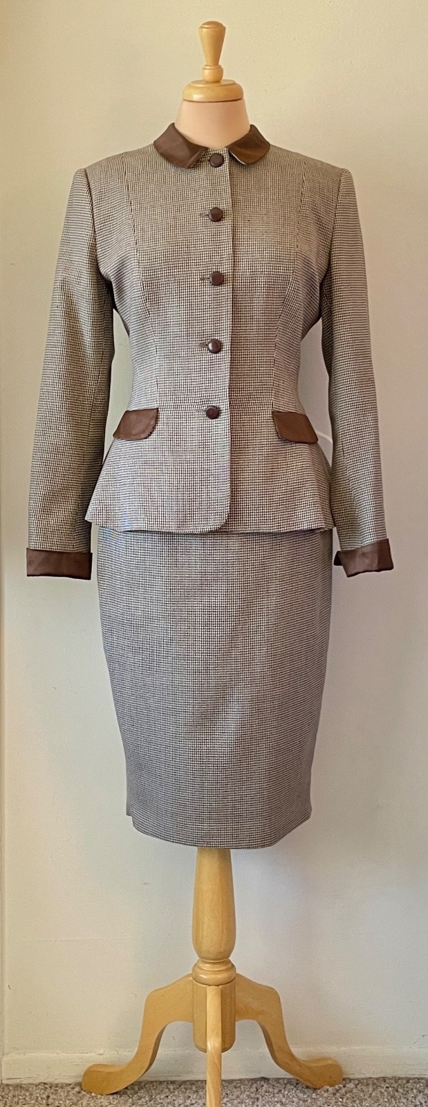 Vintage 90s Norma Kamali 6/8 Houndstooth Peplum Skirt Suit Brown Satin Trim