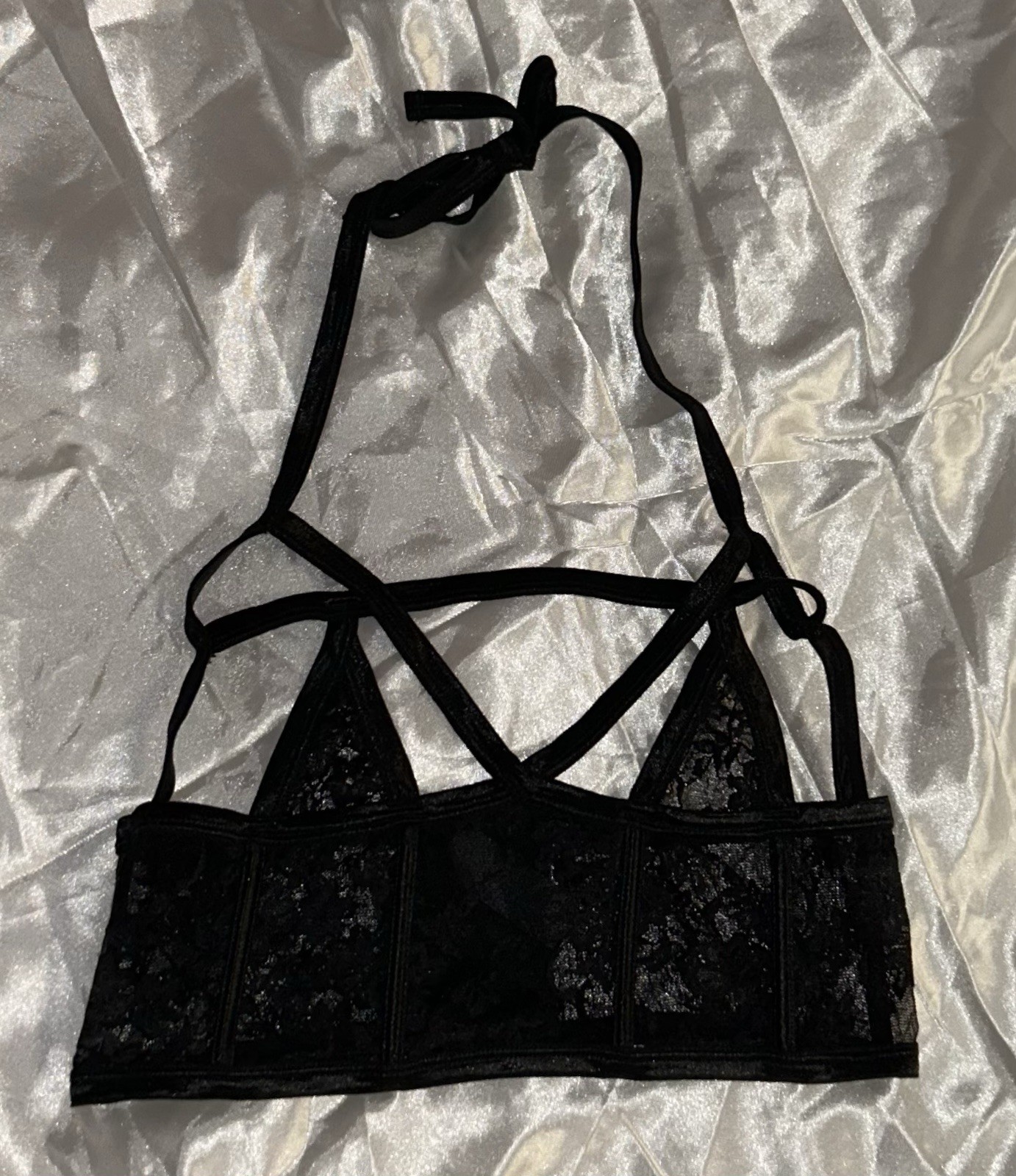 Black Sheer Lace Underwire Boned Tie Around Neck Bra Brassiere Bustier