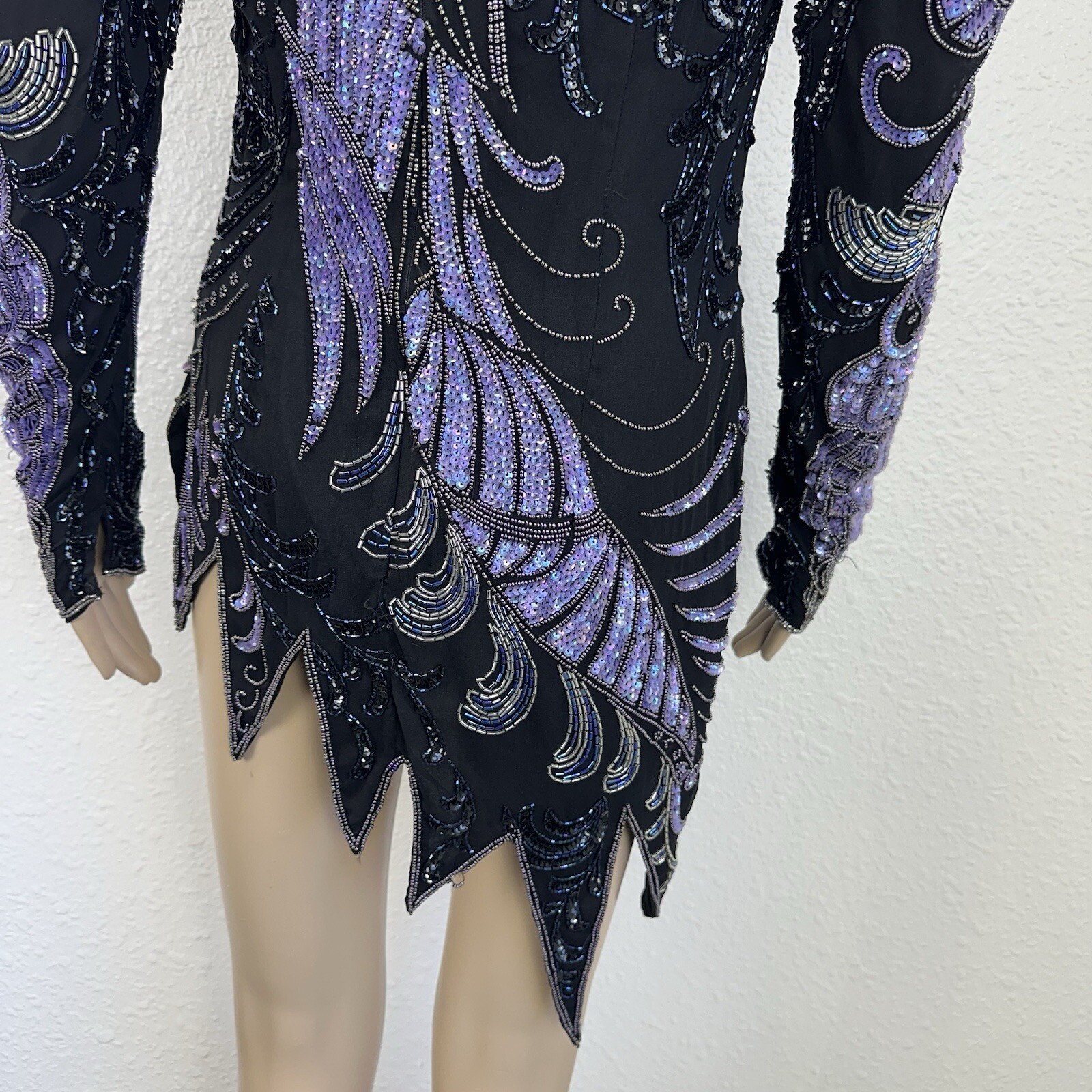 Vtg Fully Beaded Sequin Silk Mini Dress Tunic Peacock Great Gatsby Dancer M