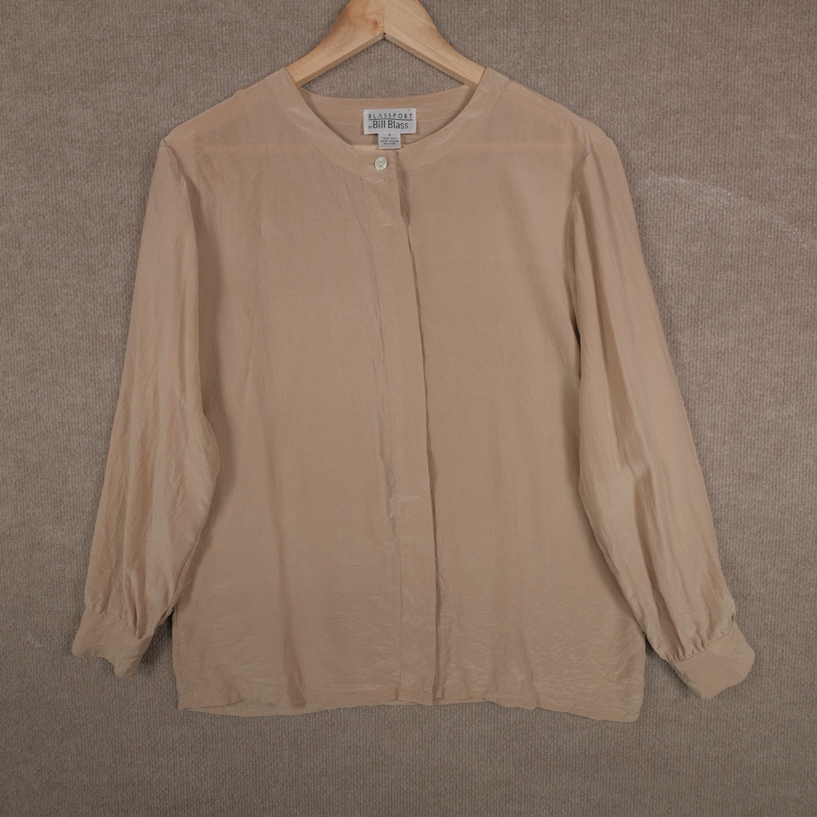 Vintage Blass Port By Bill Blass Women’s 100% Silk Shirt Band Collar Beige S