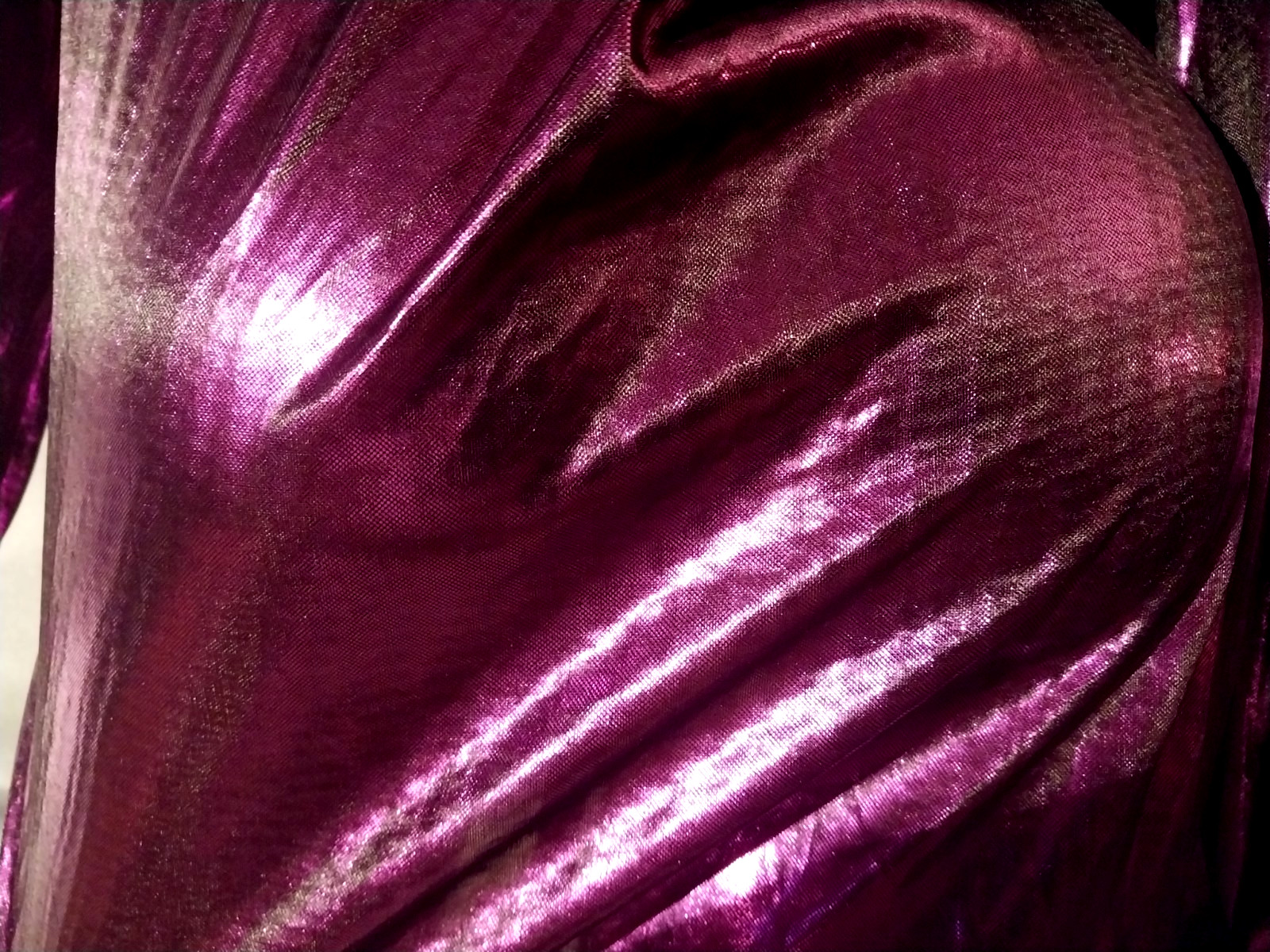 VTG SATIN SHINY LIQUID FOIL GUNSMOKE PURPLE NOTCH BUTTON SEMI SHEER BLOUSE L NOS