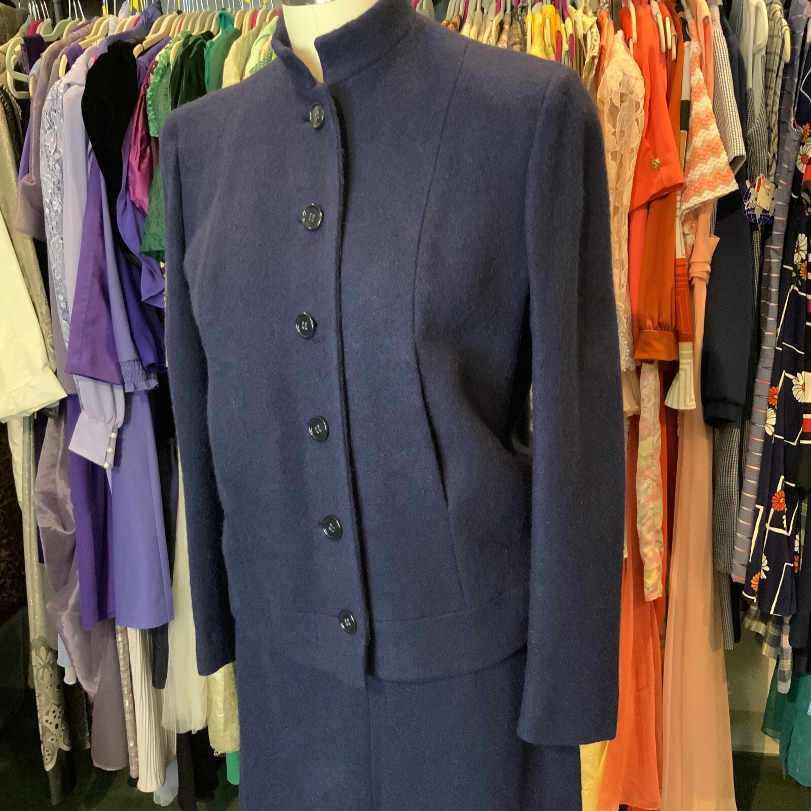 VTG 60s Women’s Navy Blue Wool 2Pc Skirt Jacket Suit Sz 6 GUC Pinup Girl