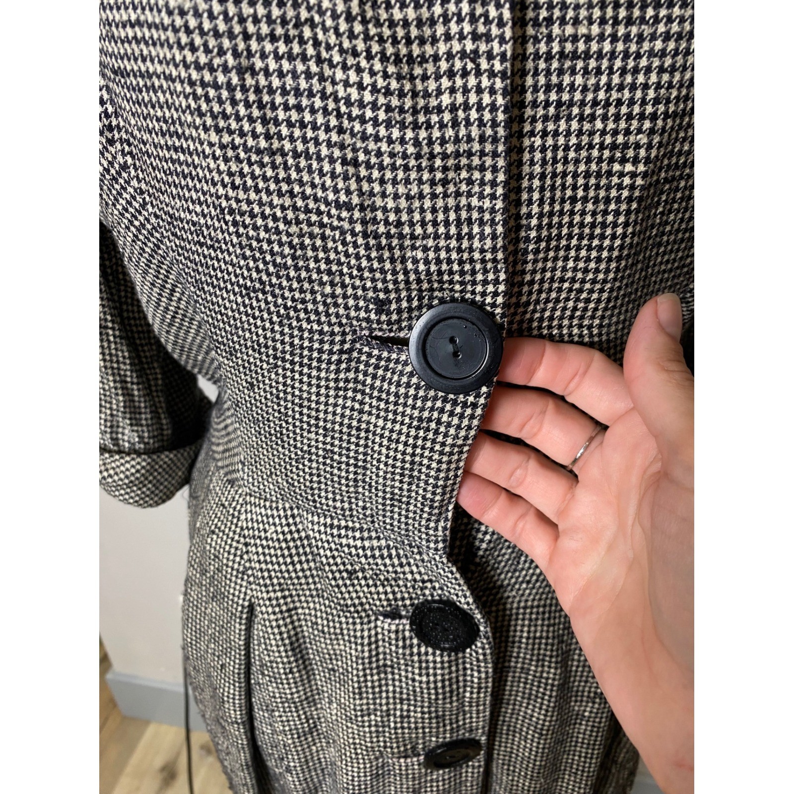 Vintage 40’/50’s Houndstooth Button Front Midi Coat Dress S