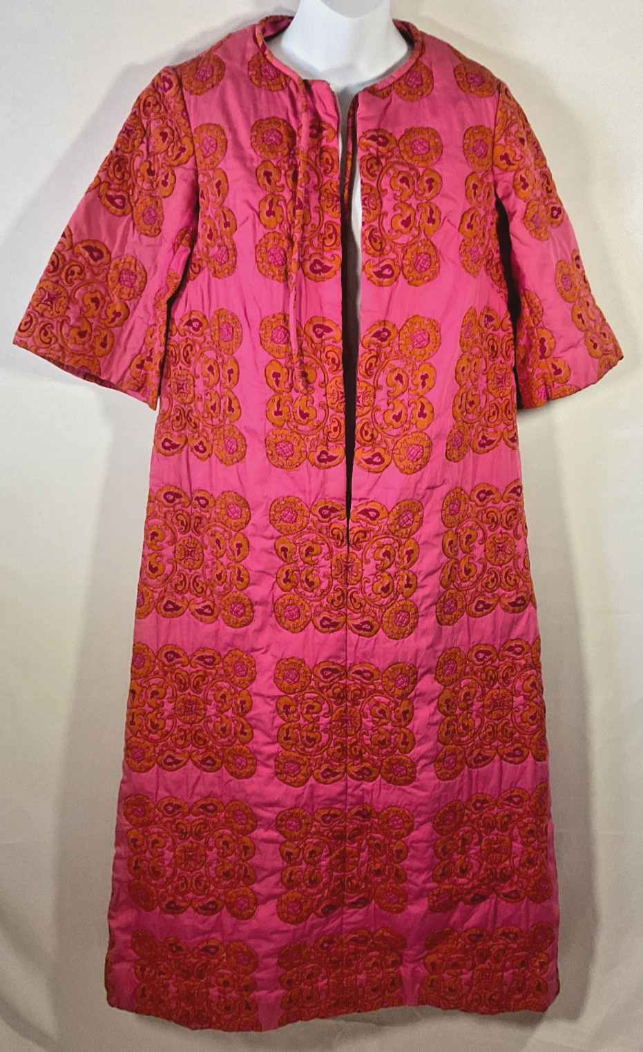 vtg 60s Quilted 1/2 Zip House Coat Robe 3/4 Sleeve Pink Orange Design Thai sz 10