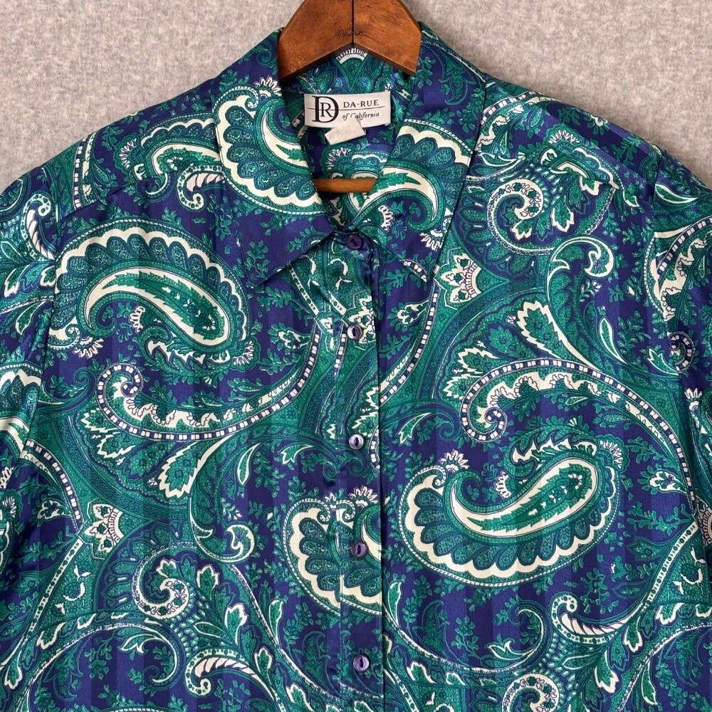 Vintage 80s Da-Rue Blue Teal Paisley Striped Women’s Button Down Blouse Sz 18 XL