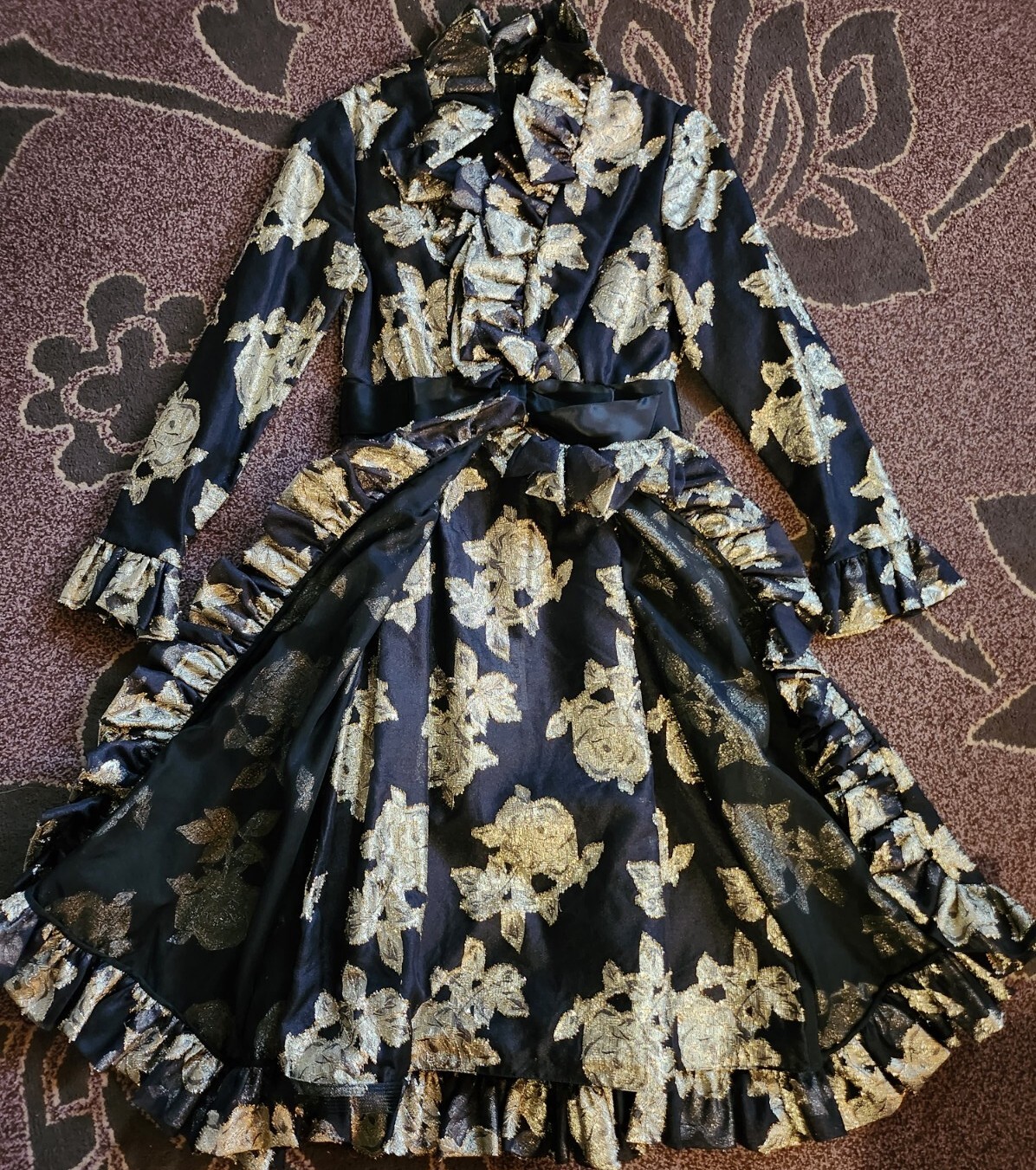 Roger Milot for Fred Perlberg VTG Gold Metallic Floral Ruffle Trim Evening Dress