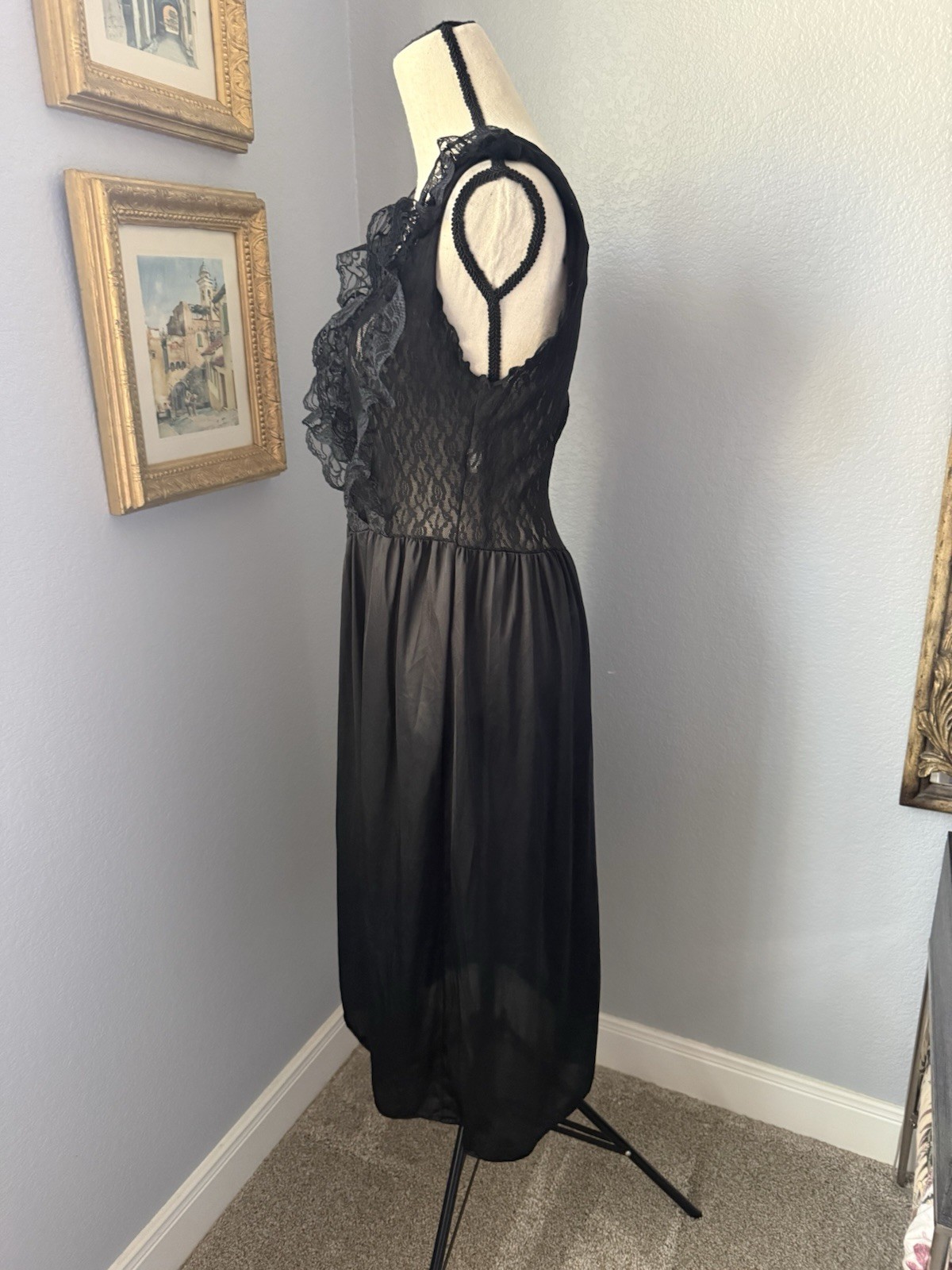 Vintage Black Nylon Slip Dress Dark Coquette Babydoll Lace Festival Rave Witchy