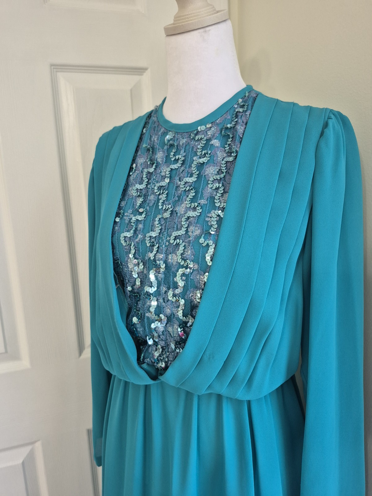 Vintage 70s 80s Cathy Sue Teal Sequin Illusion Midi Dress Pleated M/L