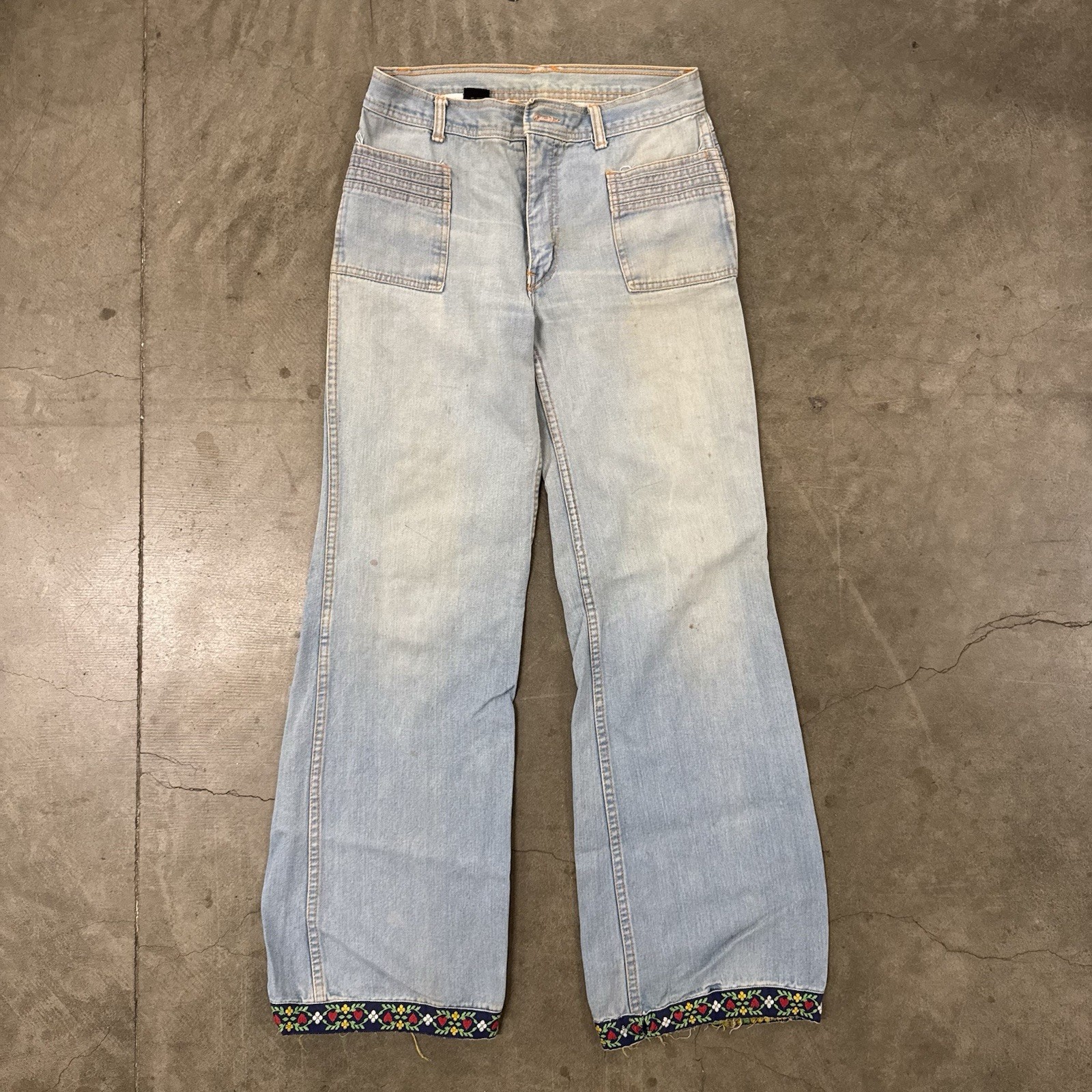 Vintage Hands Off 1970s Denim Flare Bell Bottom Jeans 31×32 Custom Patchwork 70s