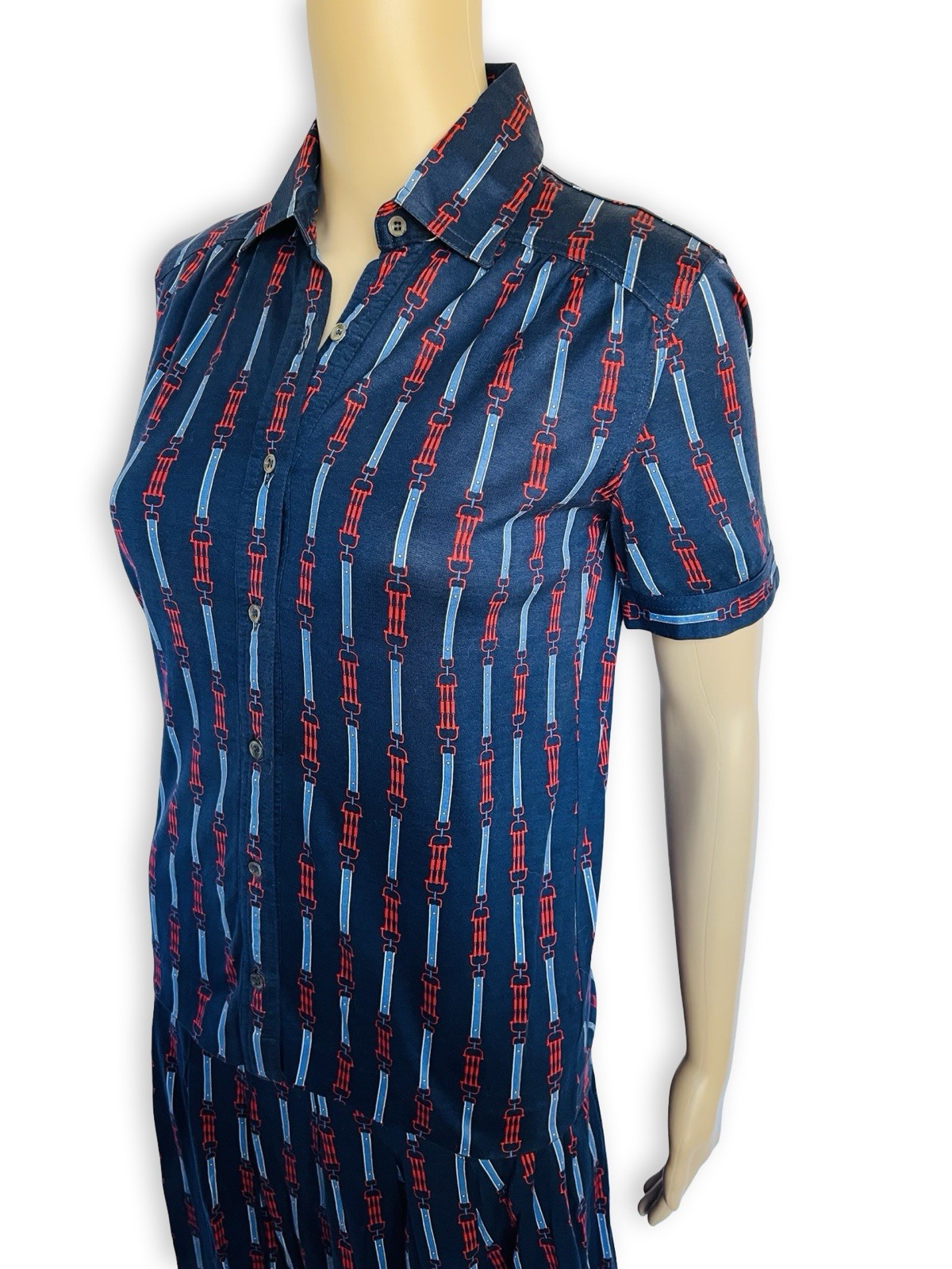 Vintage CÉLINE 1970s Equestrian Print Cotton Dress Two Piece Blouse Skirt Set XS