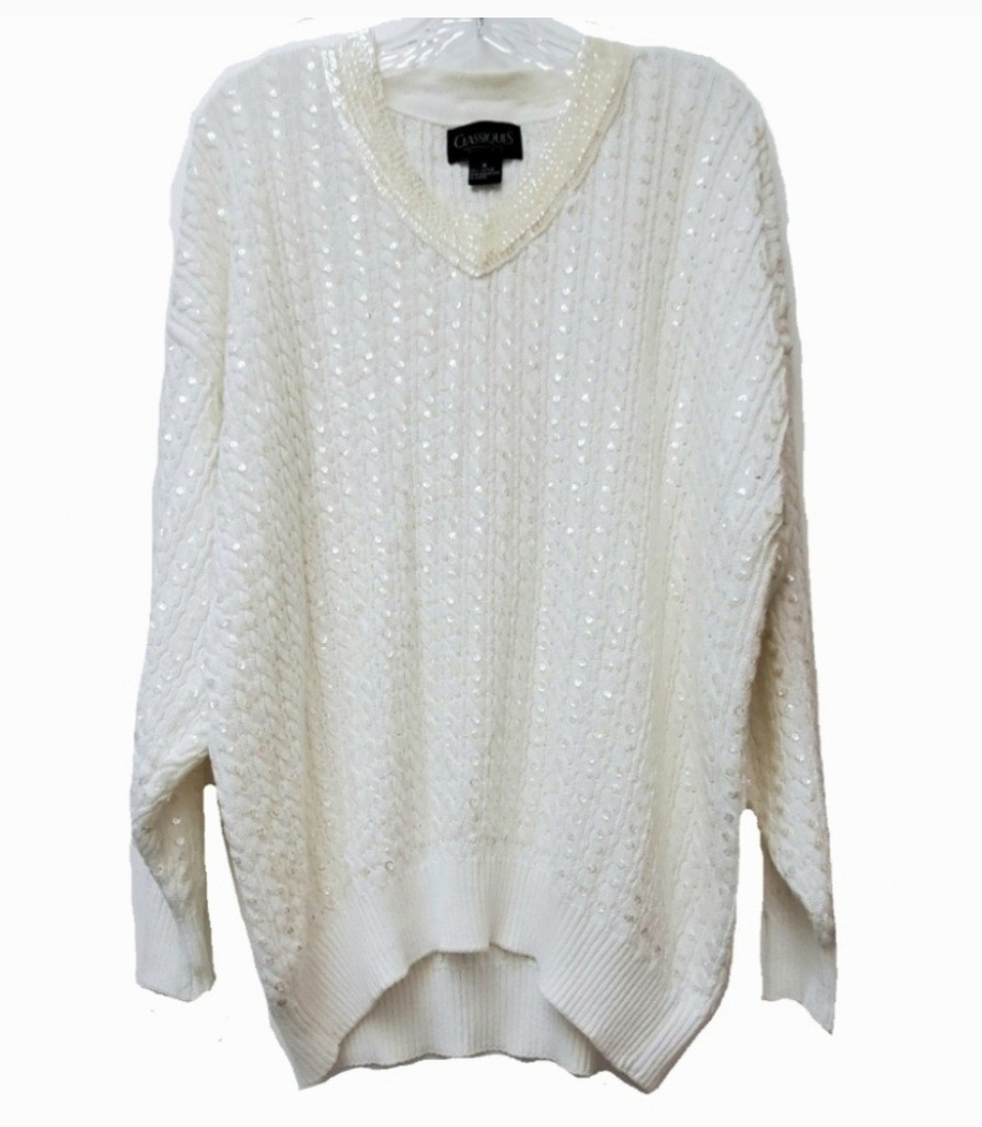 NWT NOS Vtg Classique Nordstrom 90’s White Beaded Sequined Sweater Size M
