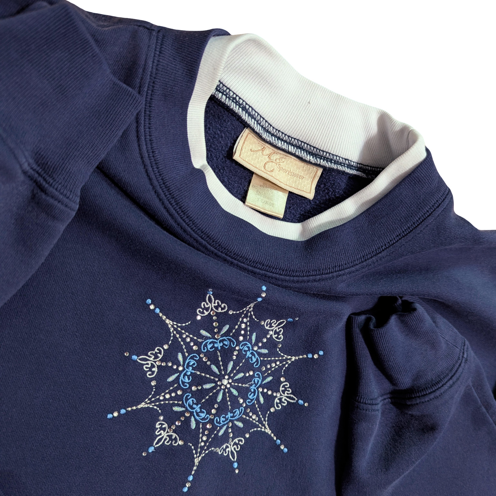 Vintage 1990s M&C Sportswear Women’s XL Navy Blue Grandmacore Snowflake Sweater