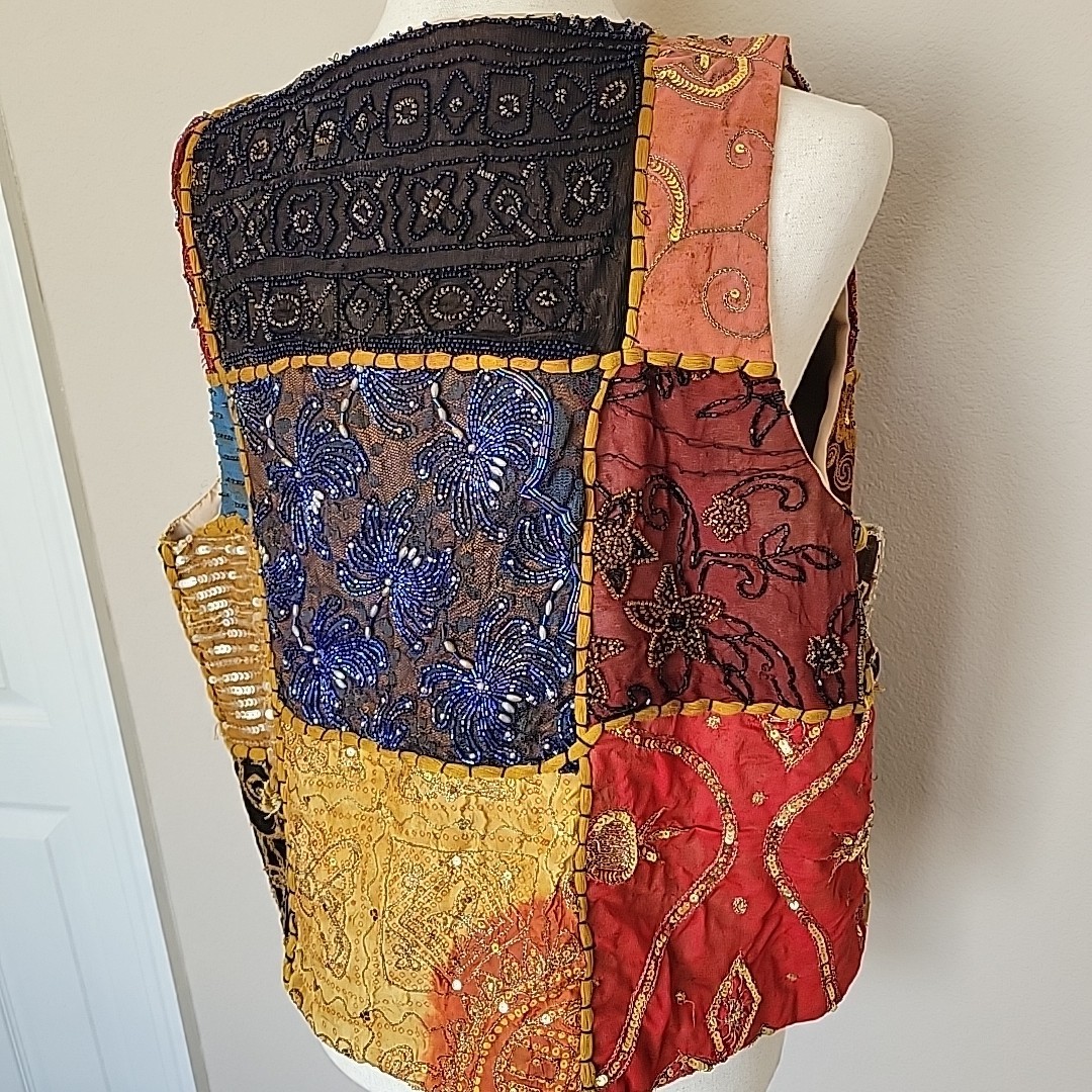 Vintage Beaded Patchwork Open Front Vest Sz O/S Hippie Boho Bohemian Cottage 90s