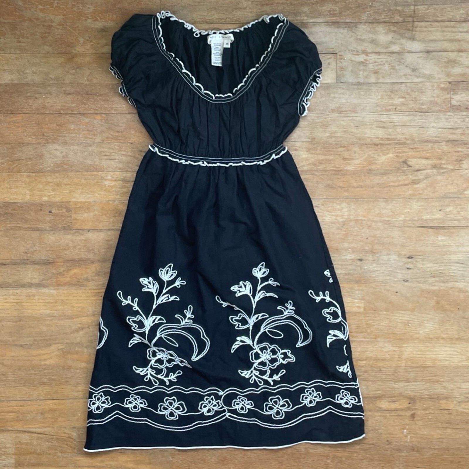 Vintage Floral Embroidered Gabardine Dress Size XS 1990s Max Studio Rayon/Linen