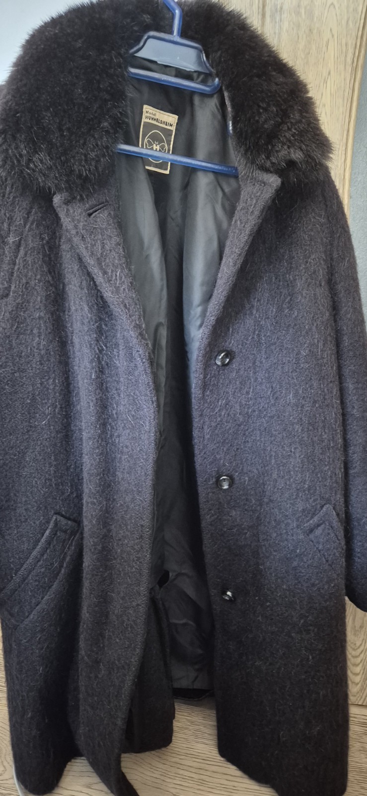 Vintage Modell Hummelsheim Austrian Loden Wool Coat Faux Fur Collar Black Jacket