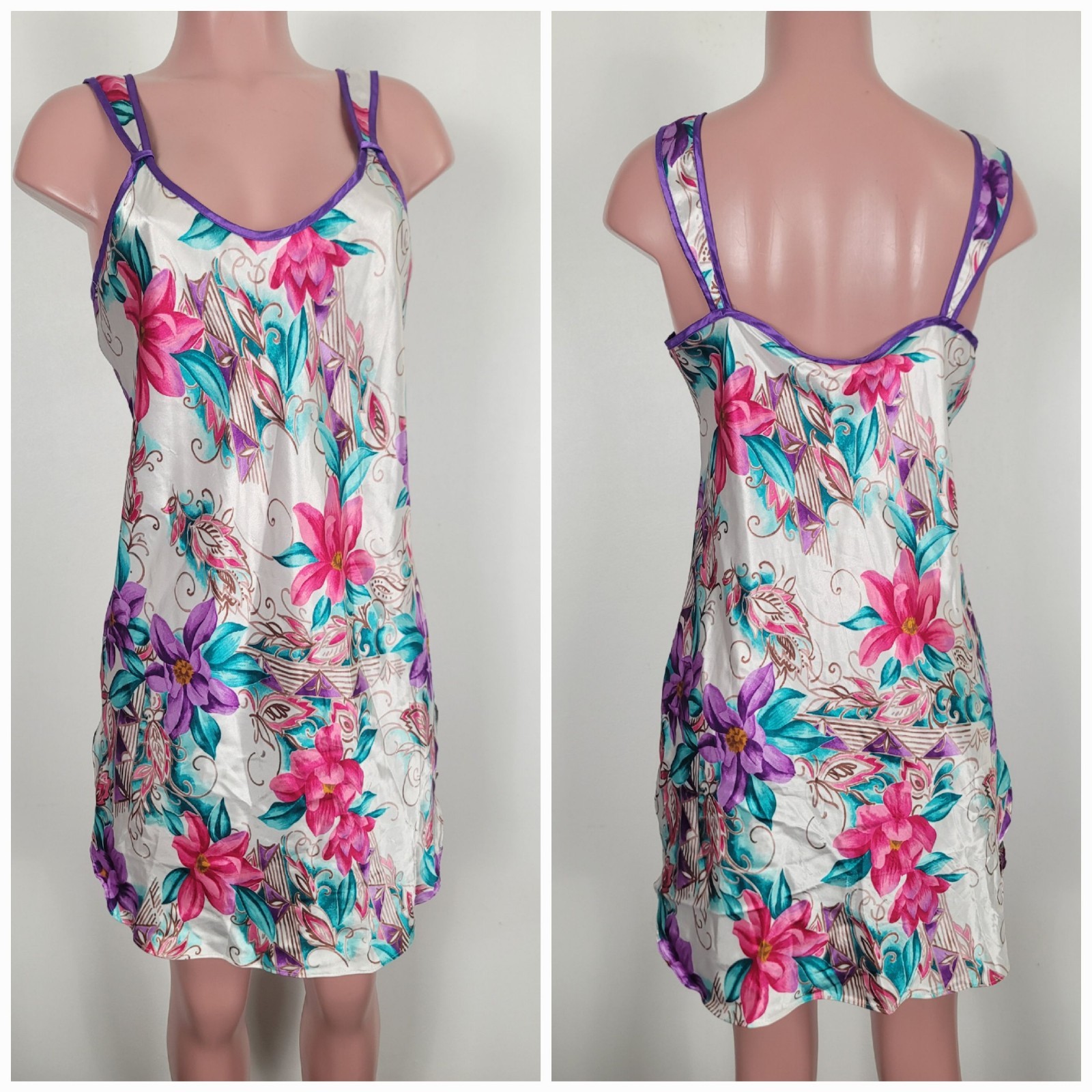Vintage Adonna Smooth Satin Floral Slip Dress Nightgown Women’s Medium VTG USA