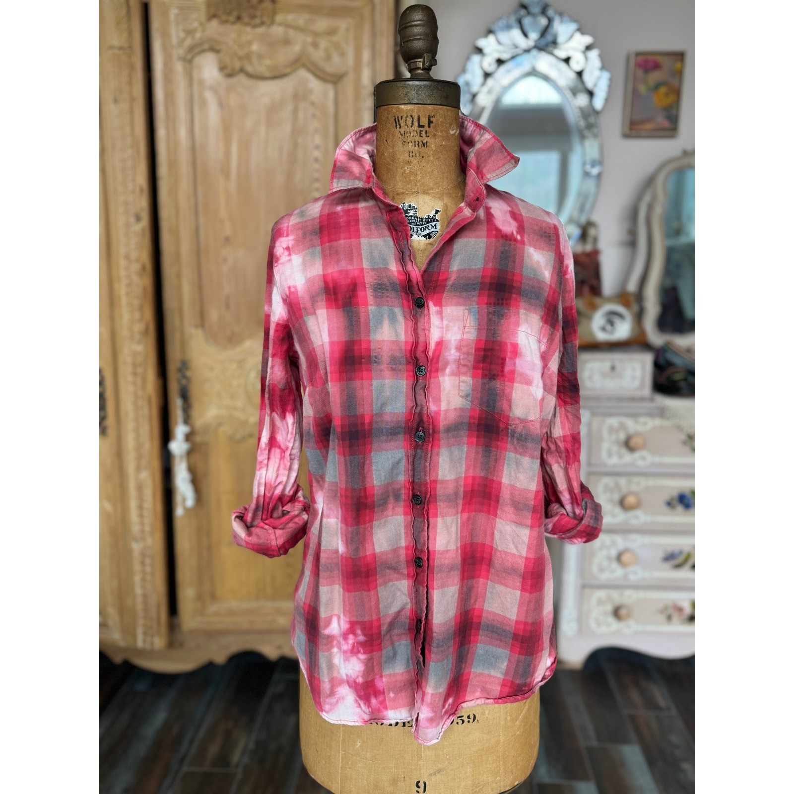Upcycled J.Crew Pink Red Plaid Shirt Small Vintage Image „Forget Me Not” Back