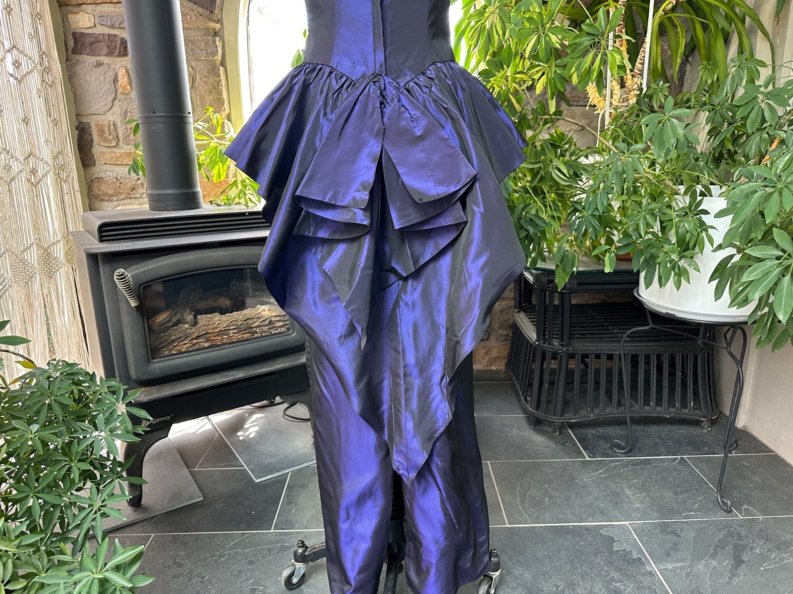 Vintage 1980s Purple Iridescent Taffeta Sequin Drop Waist Formal Maxi Dress