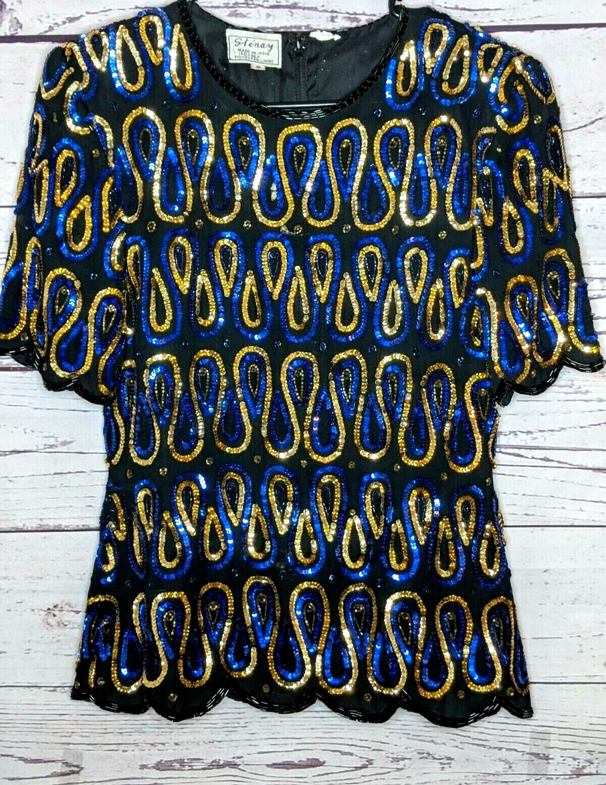 VTG Stenay 100% Silk Top Womens S Blue Gold Sequin Beaded Cocktail Mardi Gras
