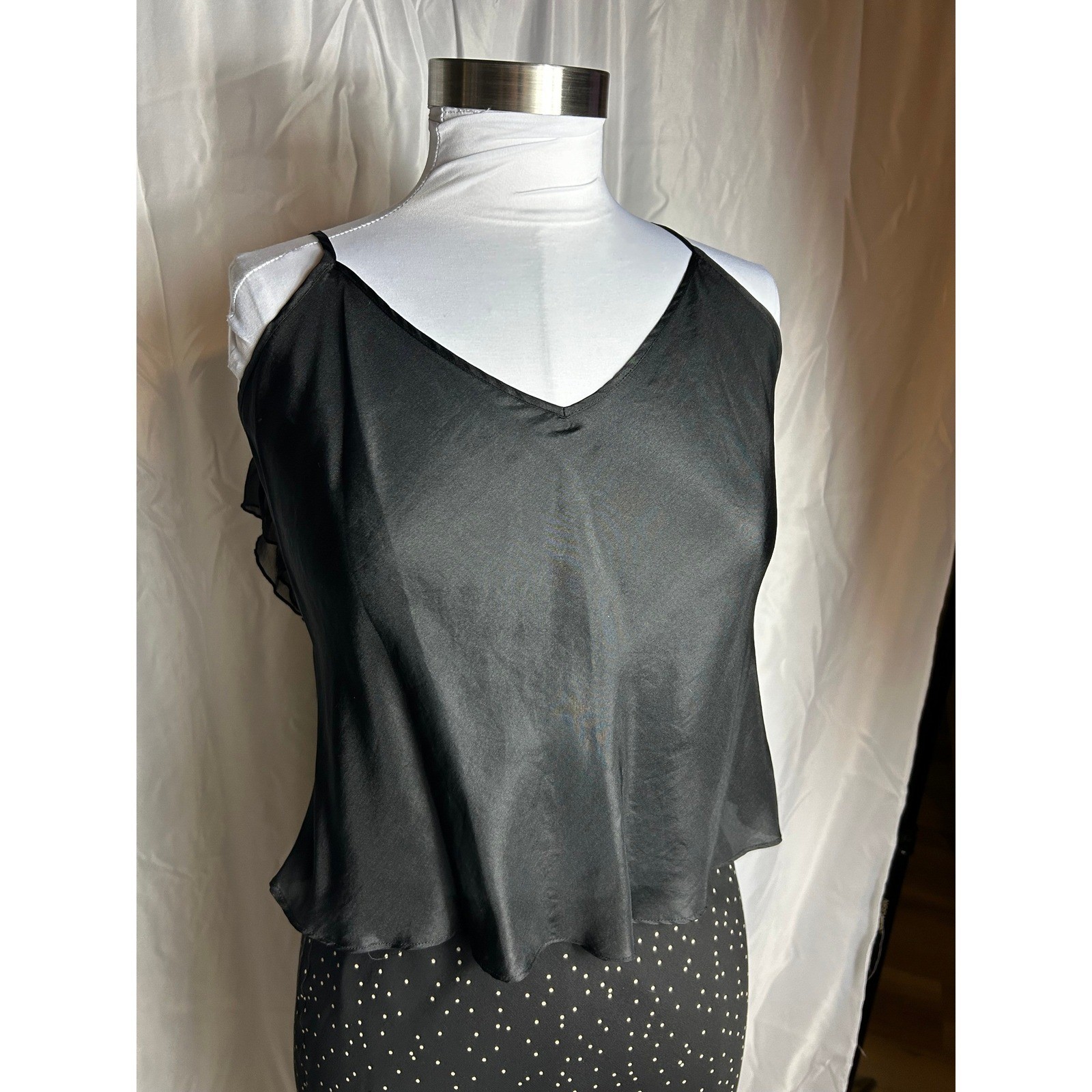 Vintage 90s Polka Dot 3 Piece Set Sheer Silk Blouse Skirt & Camisole Black White