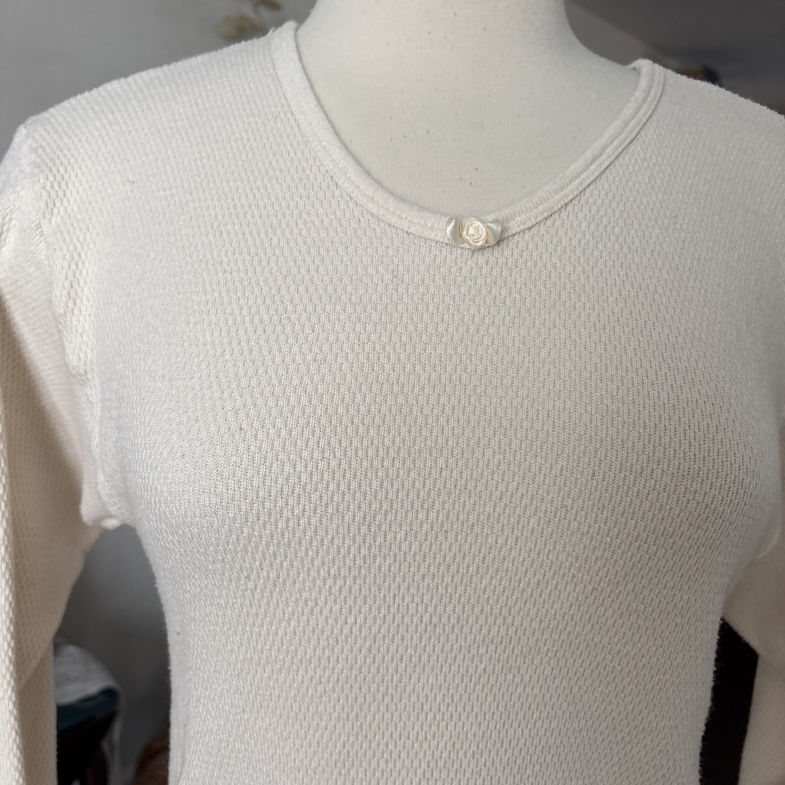 Vintage 90s Lady Morgan Waffle Thermal Base Layer Under Shirt Ivory USA Made XL