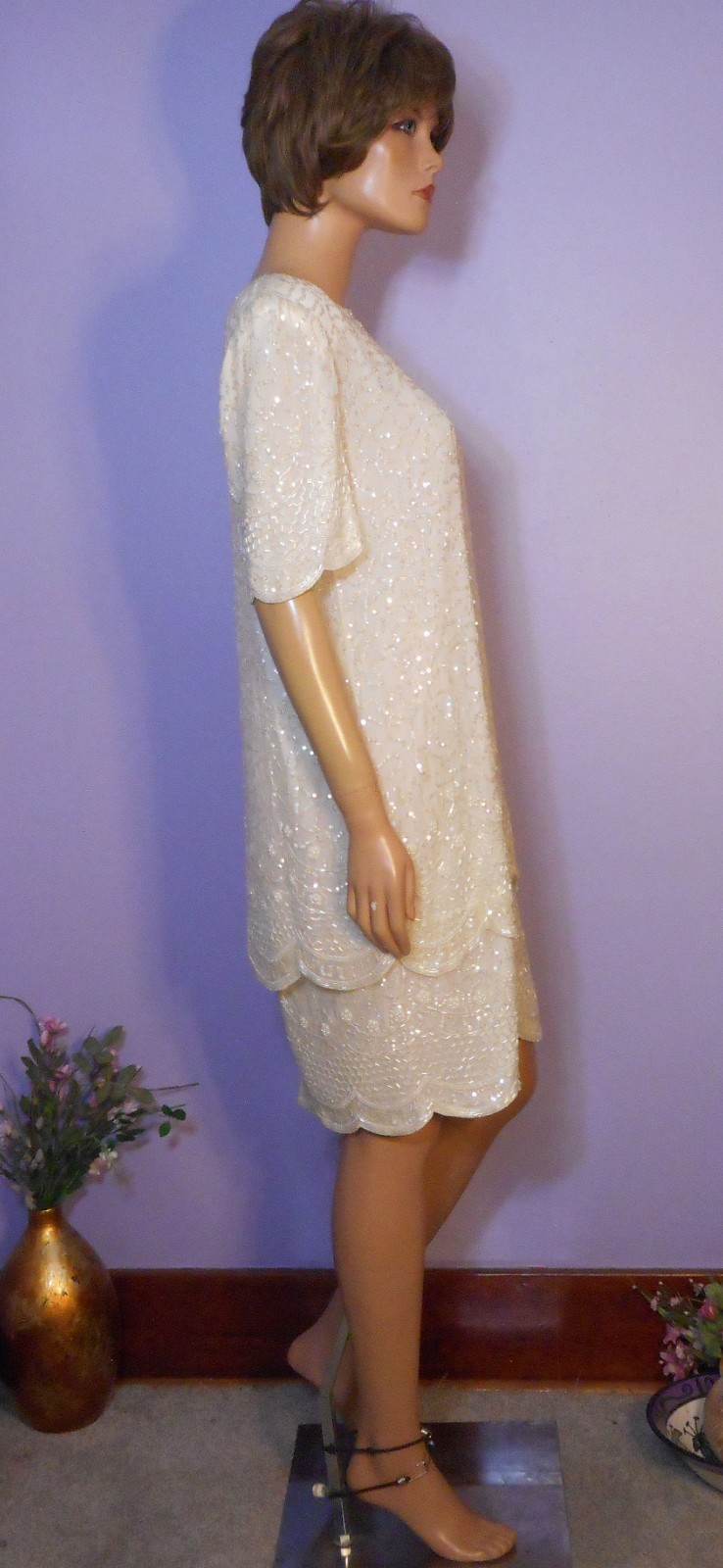 Vtg ‘80s Brilliante Winter White 100% Silk Sequined & Beaded Party Dress, L