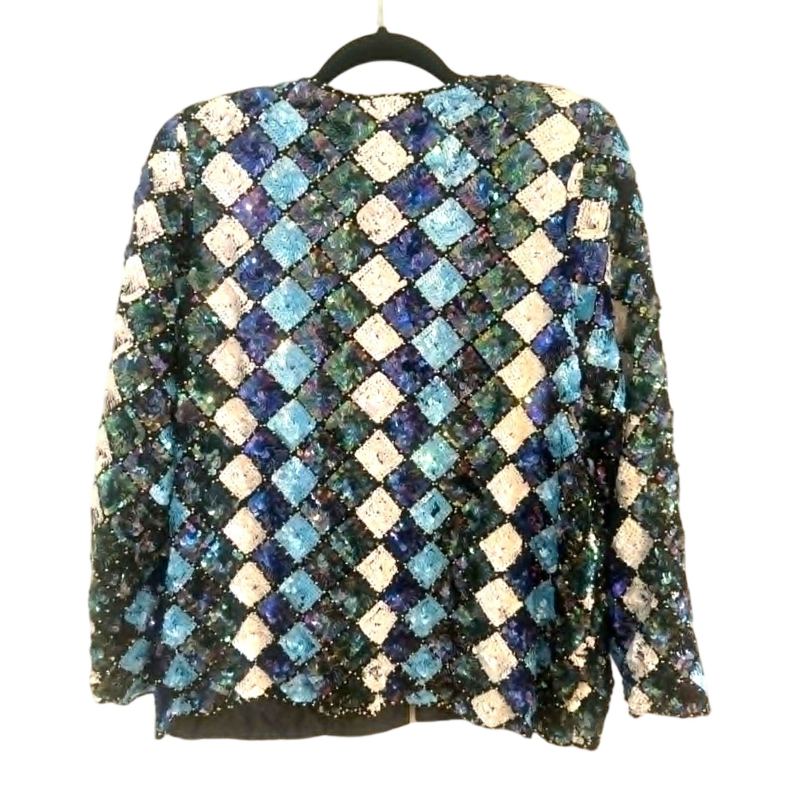 Vintage 1980s Sequin Silk Jacket Temptations M Beaded Blue White Evening India