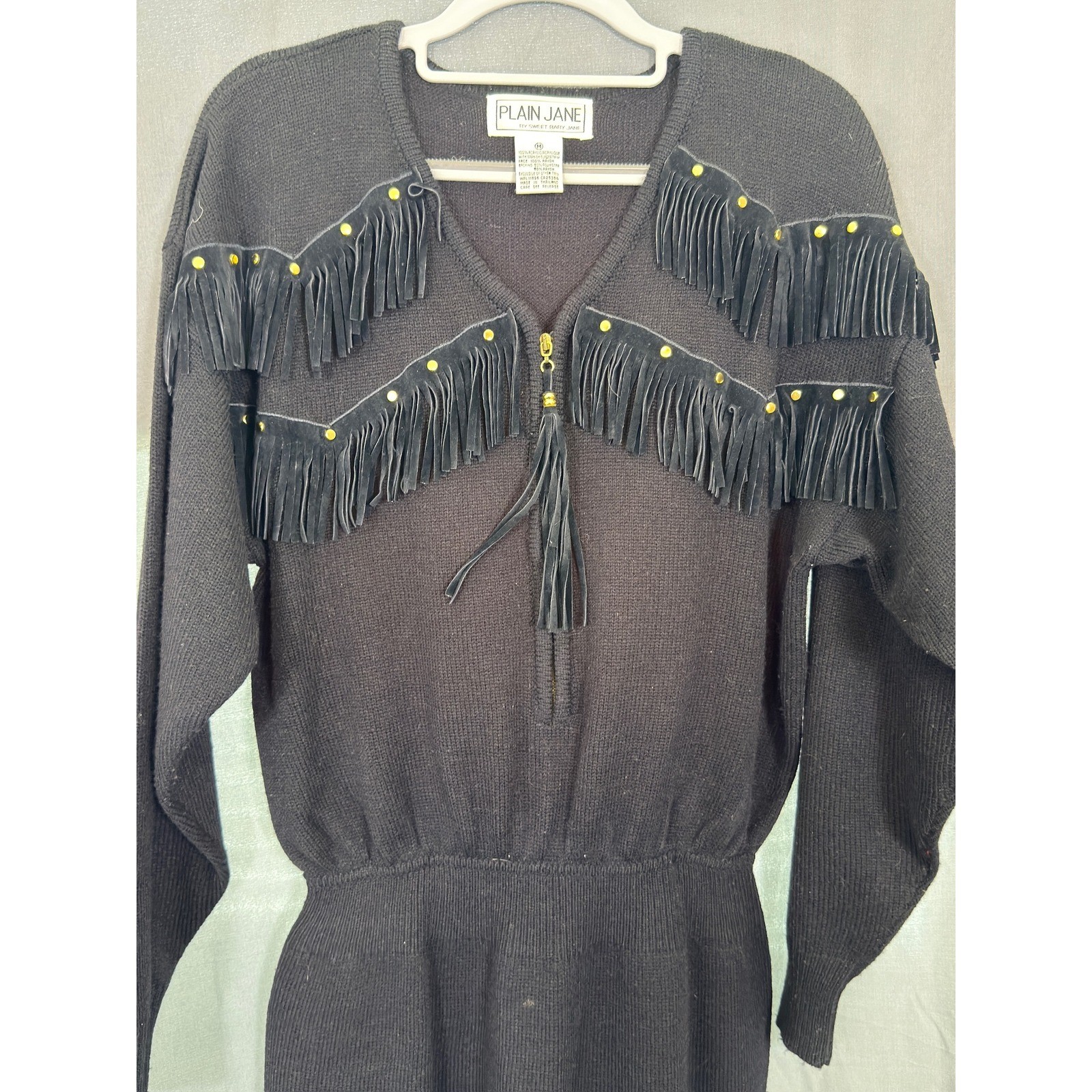 Plain Jane Vintage Western Fringe Studded Knit Midi Dress Black Tassel Size M