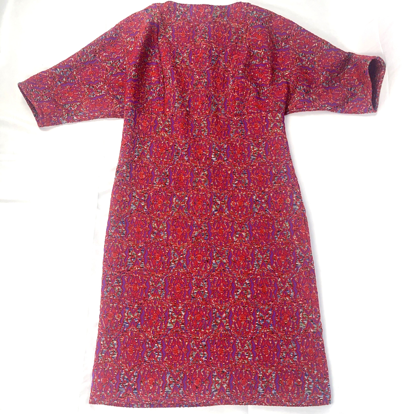 VTG 1960s Mod Dress Handmade Red Purple Abstract Retro Short Sleeve Midi Length