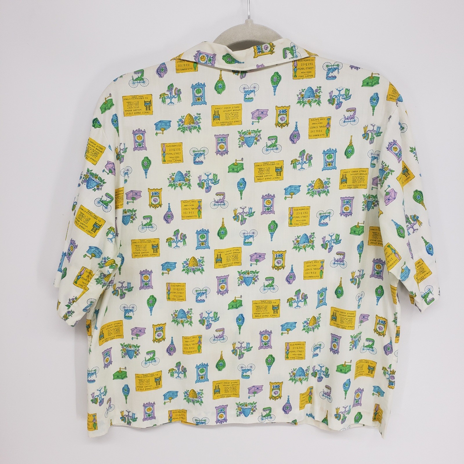 Vintage 70s Novelty Antique Print Button Up Shirt Women L 40 White Yellow Kitsch