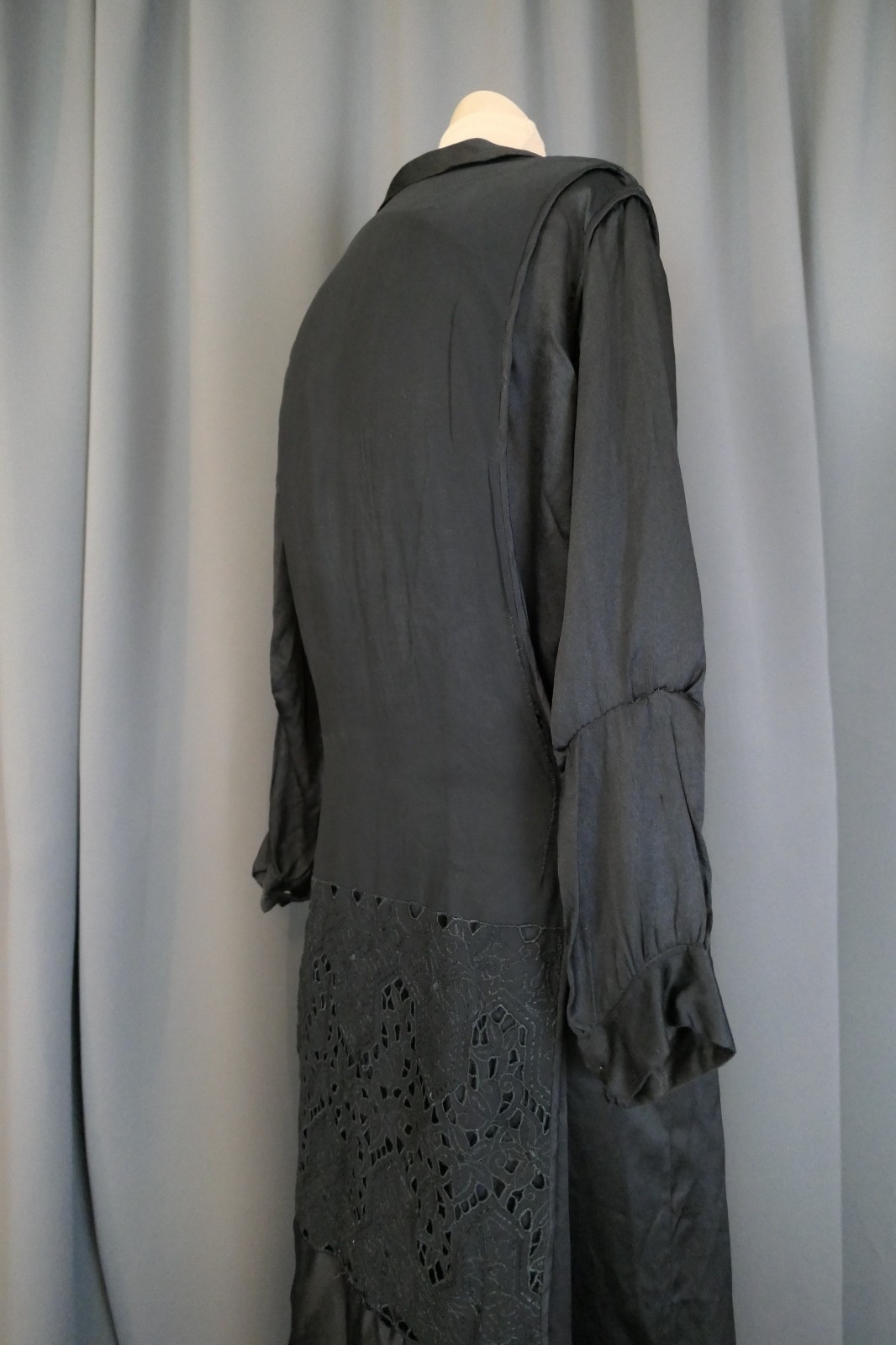 Damaged 1910s Black Silk Satin Dress, Eyelet Panel, 40 inch bust, Ankle length