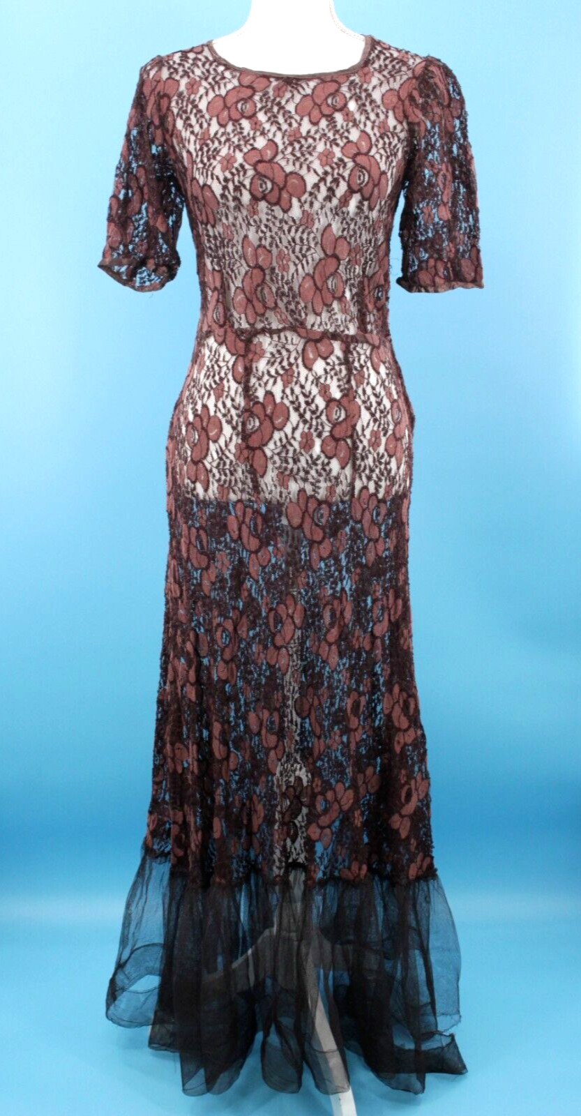 VTG Women’s 30s Brown Floral Lace Maxi Dress W/ Tulle Trim Skirt Sz S/M 1930s