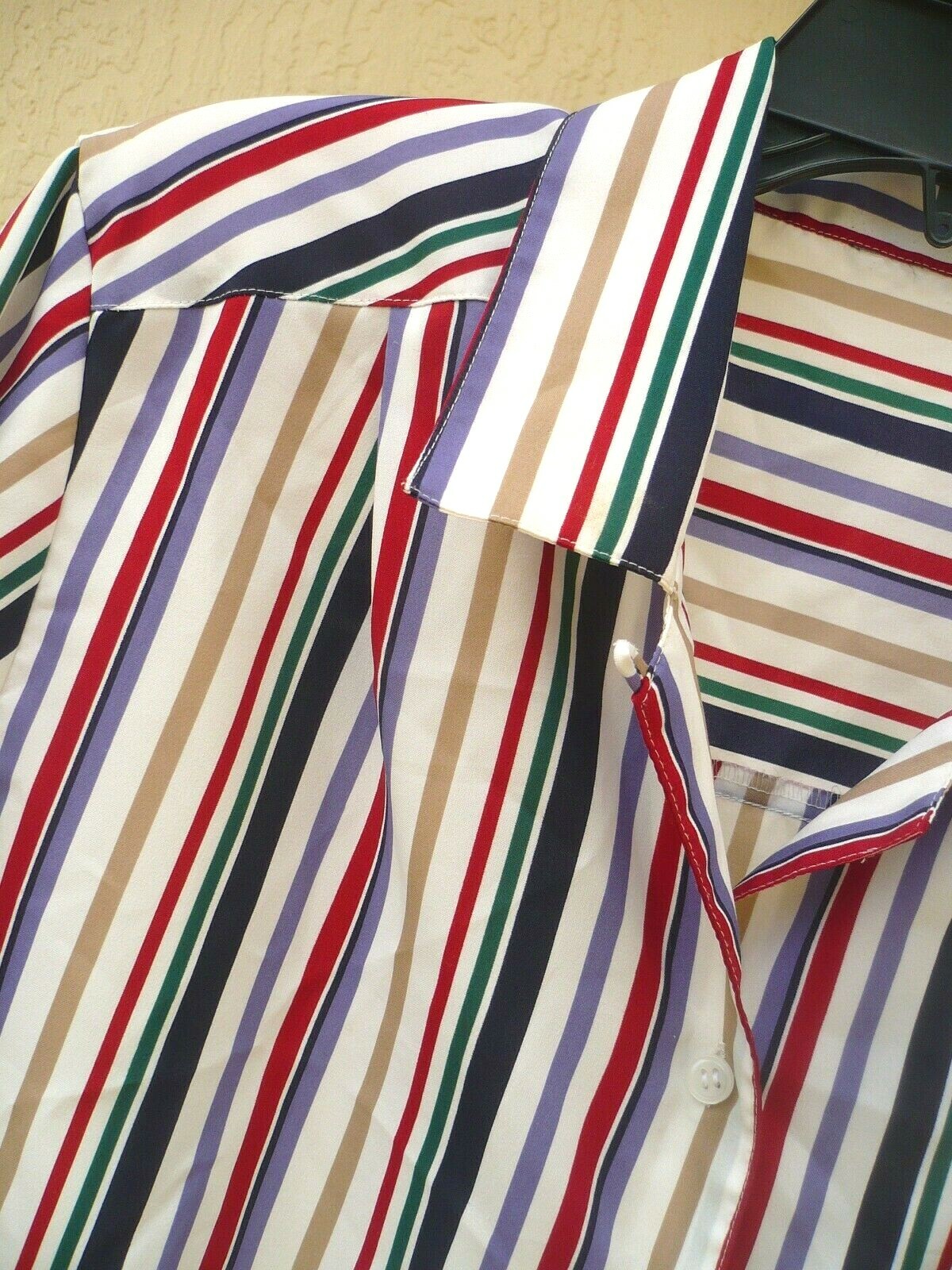 VTG 80S L BUTTON UP COLORFUL RED PURPLE GREEN TAN STRIPED SECRETARY BLOUSE WOMEN