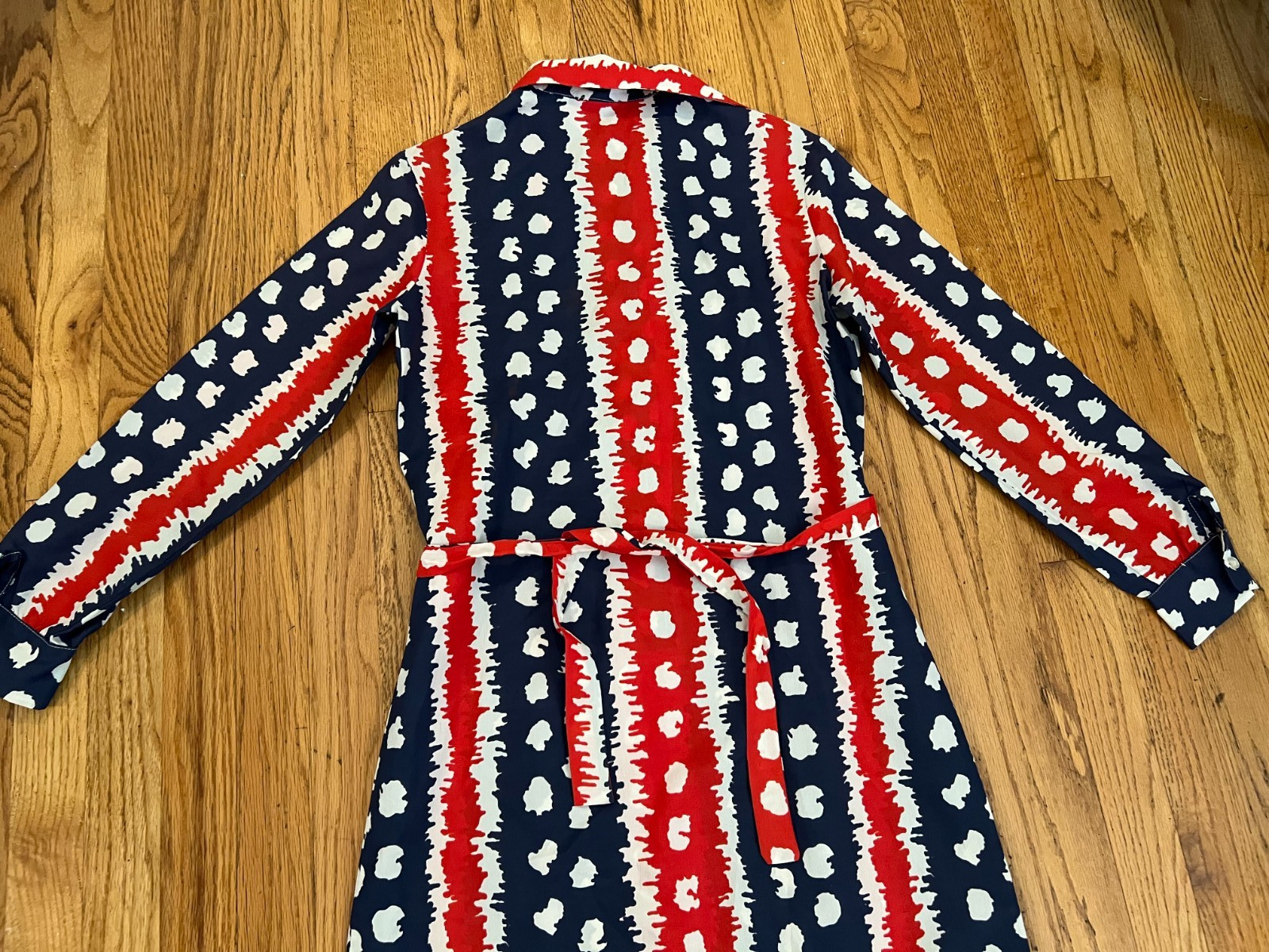 VTG 50s-60s Fritzi San Francisco Midi Dress Large Belted Wrap Tie Red/White/Blue