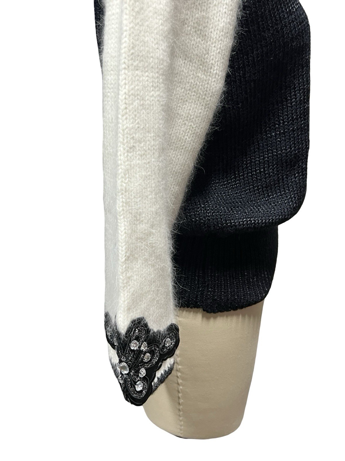 VTG 80s Rochelle Angora Sweater Beaded Sequin Collar Soft Fuzzy Black Cream Sz S