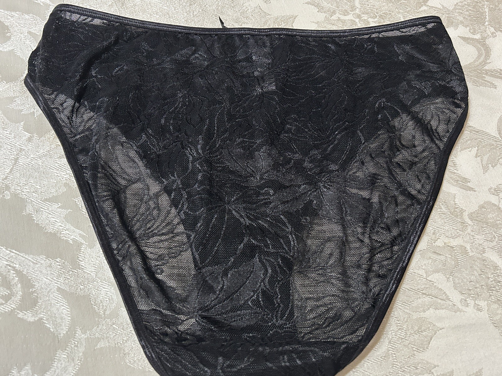 Vtg DELTA BURKE 9443 Leaves Mesh Lace HI-Leg 9/2X Black Brief Panties #103