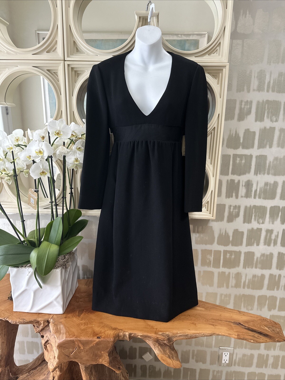 Galanos For Amelia Gray Vintage 60s Black Wool Crepe & Silk Cocktail Dress XS