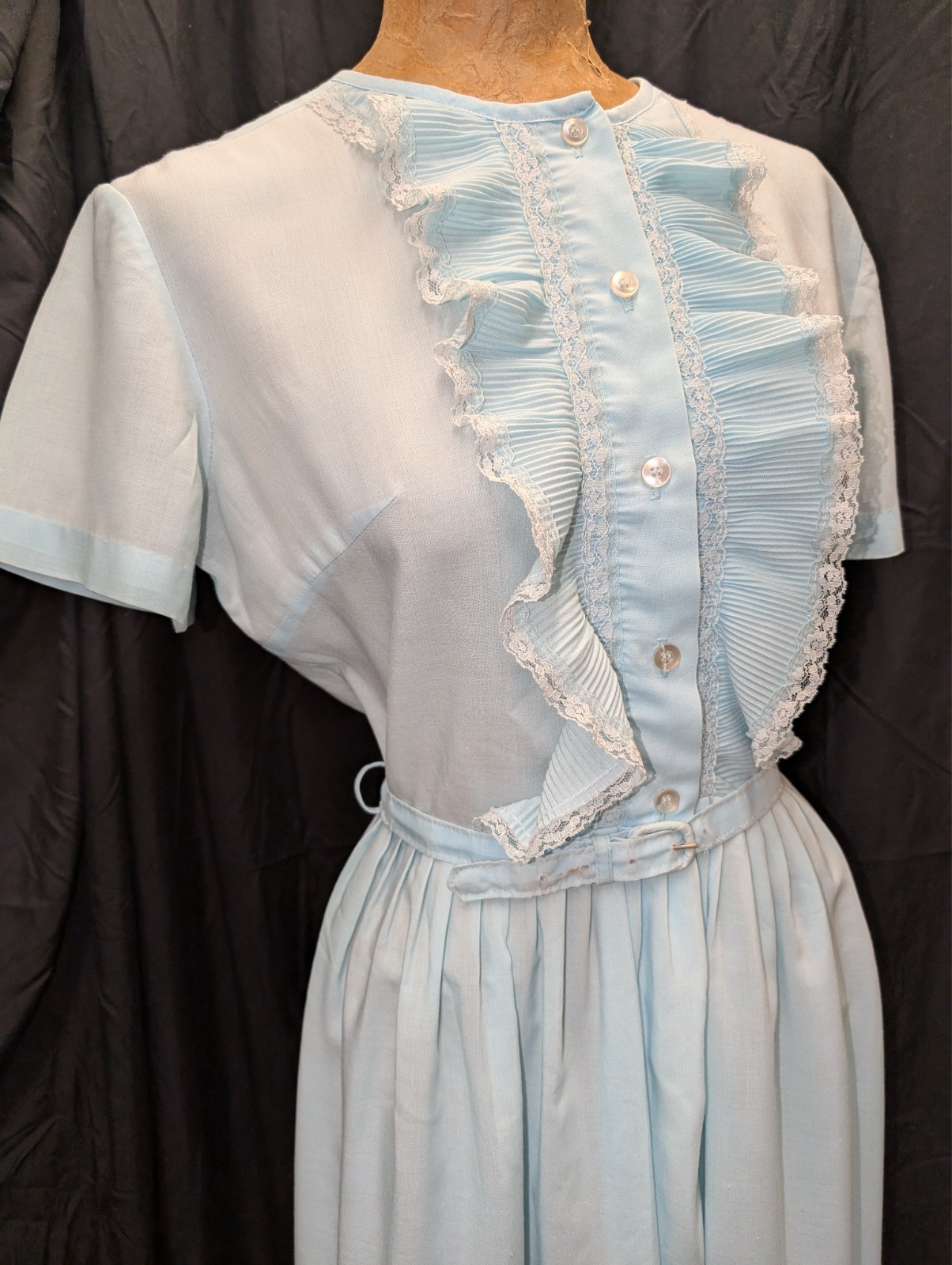 1960s 70s Blue Cotton Blend Lace Trim Dress by NPC Fashions M