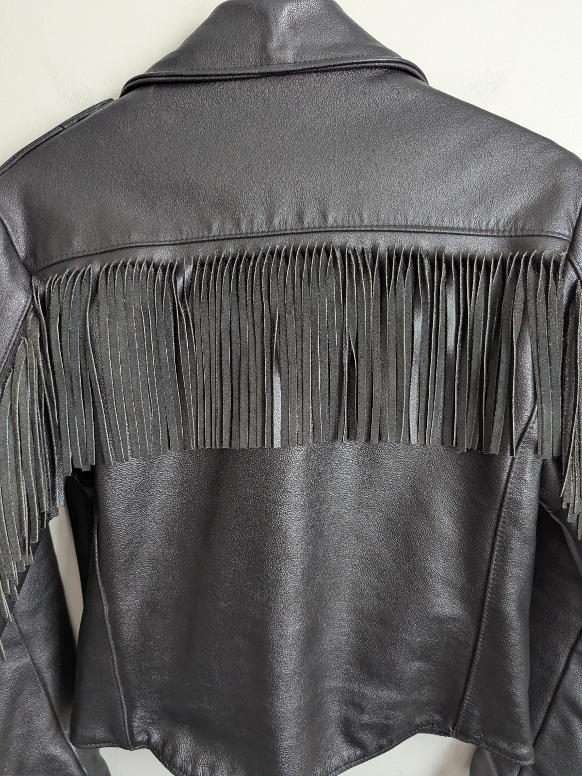 Vintage 60s Sears Black Leather Biker Moto Jacket Belted Fringe Womens S M Punk