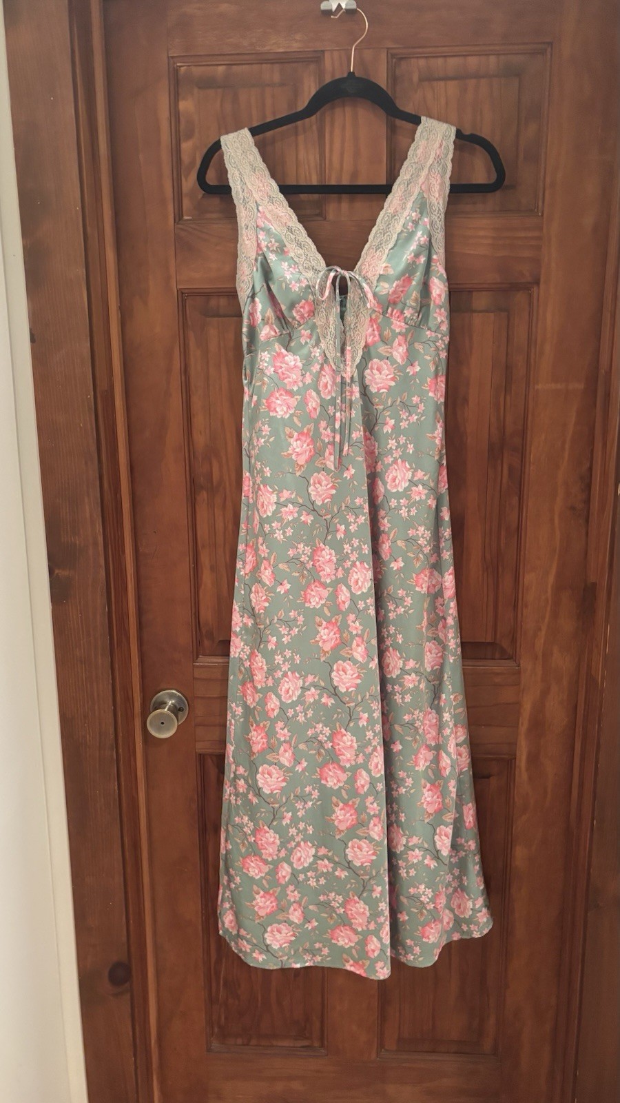 90’s Vintage Slip Dress, Maxi Length, Deep V, Silky Green Floral, Size L