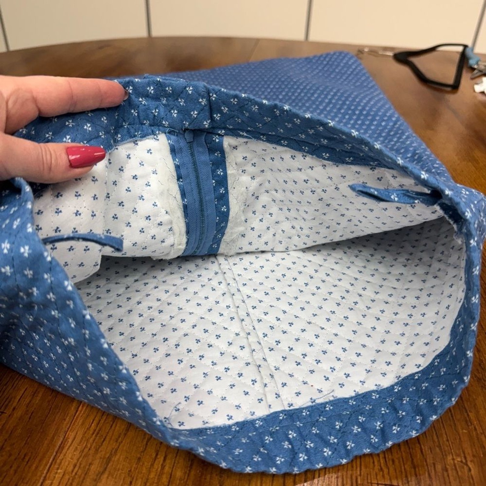 Vintage 70s Blue Quilted A-Line Skirt Handmade Medium fit Polka Dot Cute Retro