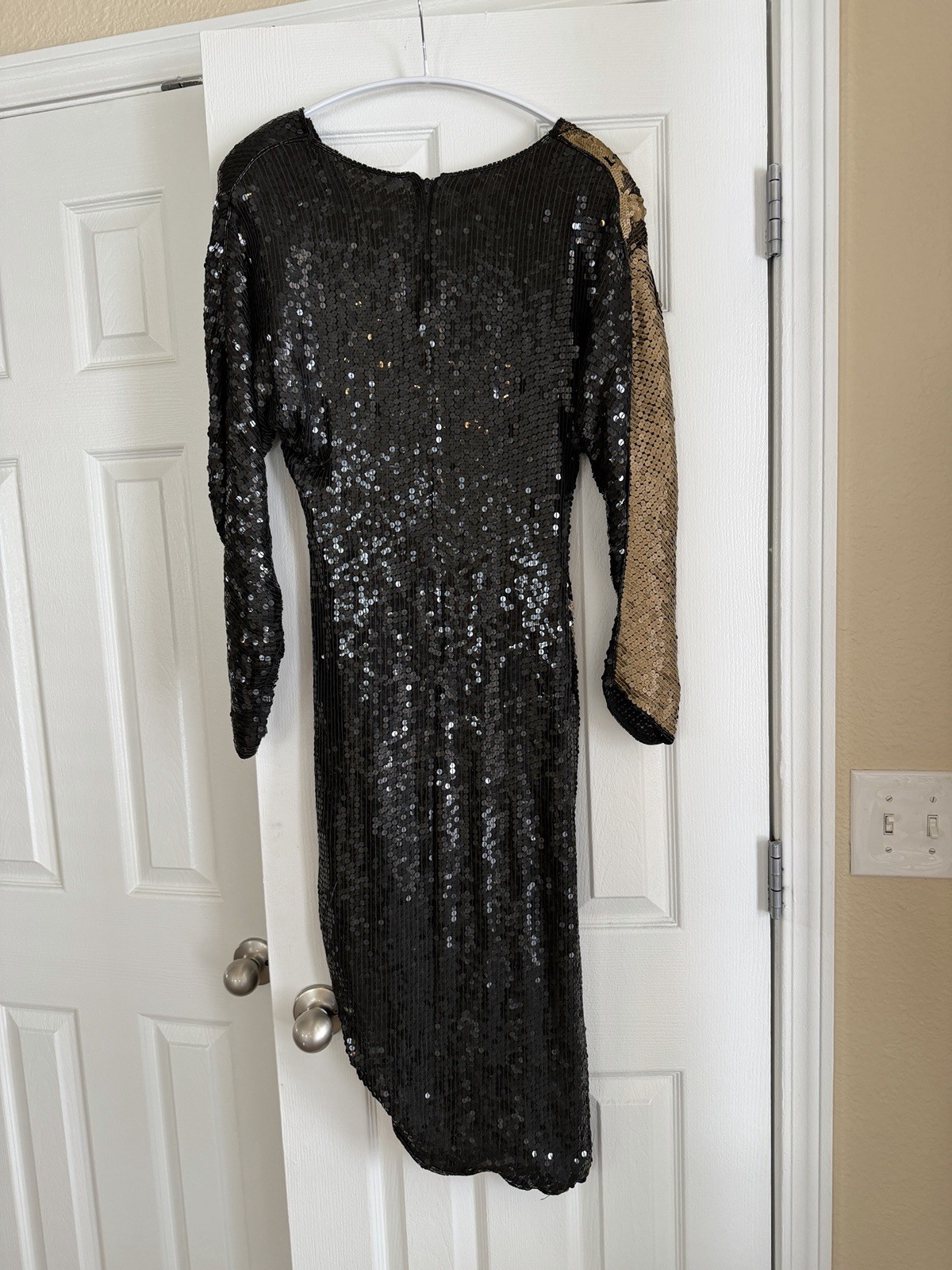 VTG Sequin Gown Dress 100% Silk 90s Black Gold Ruched V Neck Mob Wife Disco