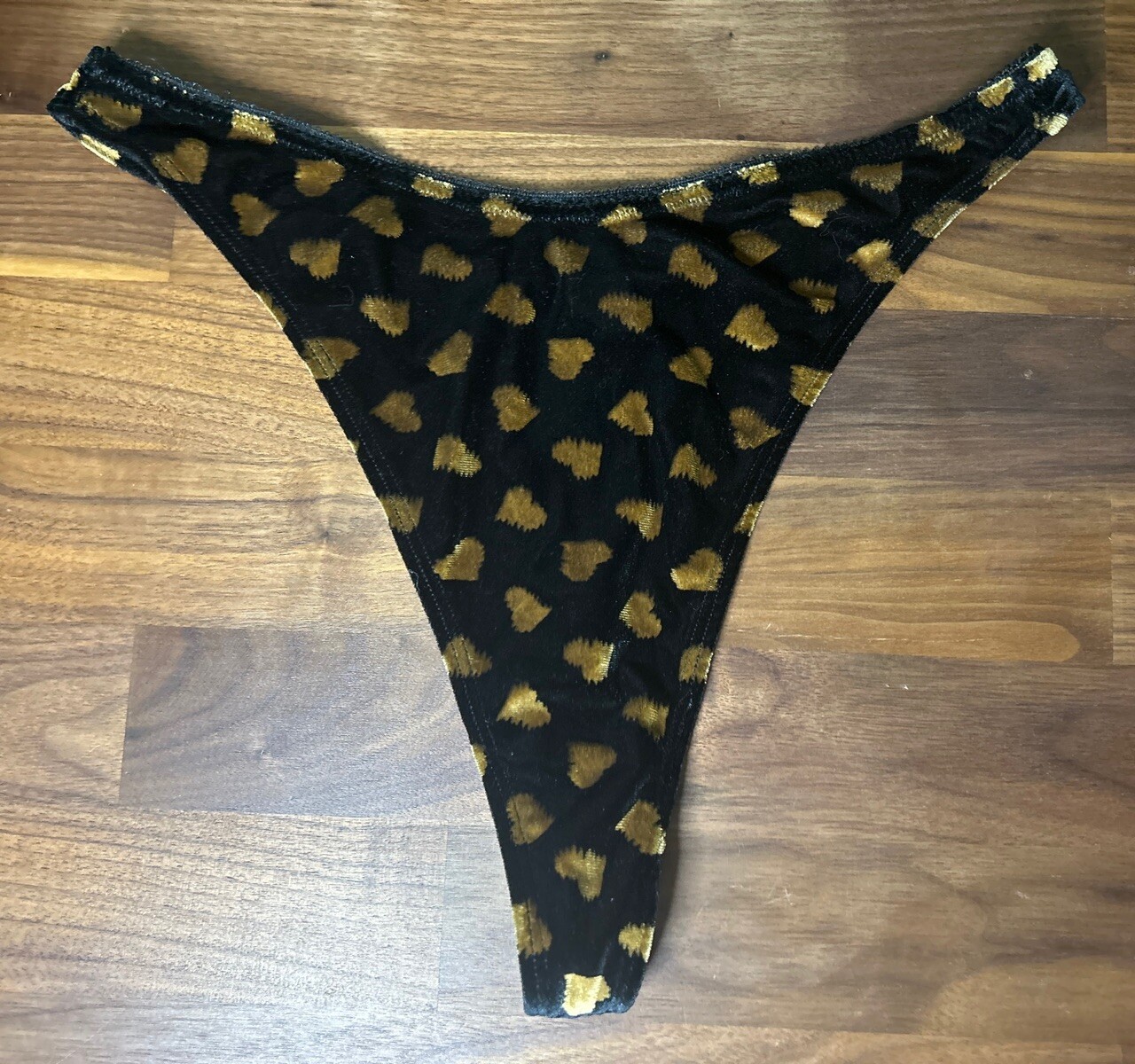 VTG Lovable High Cut Panties Y2K Velvet black gold hearts Thong L Whale Tail