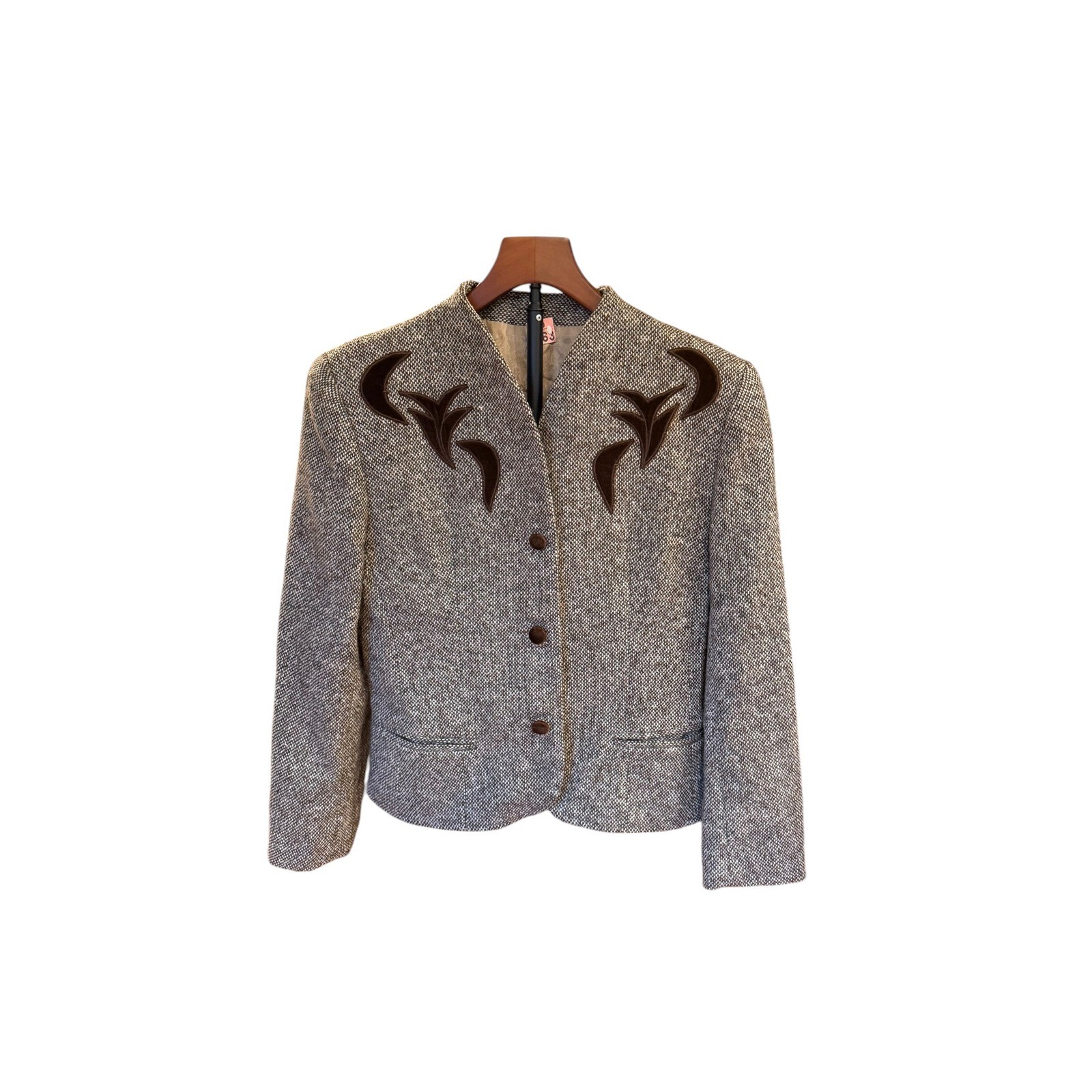 Vtg France Tweed Wool Blend Jacket Brown Velvet Applique Blazer sz XS Western