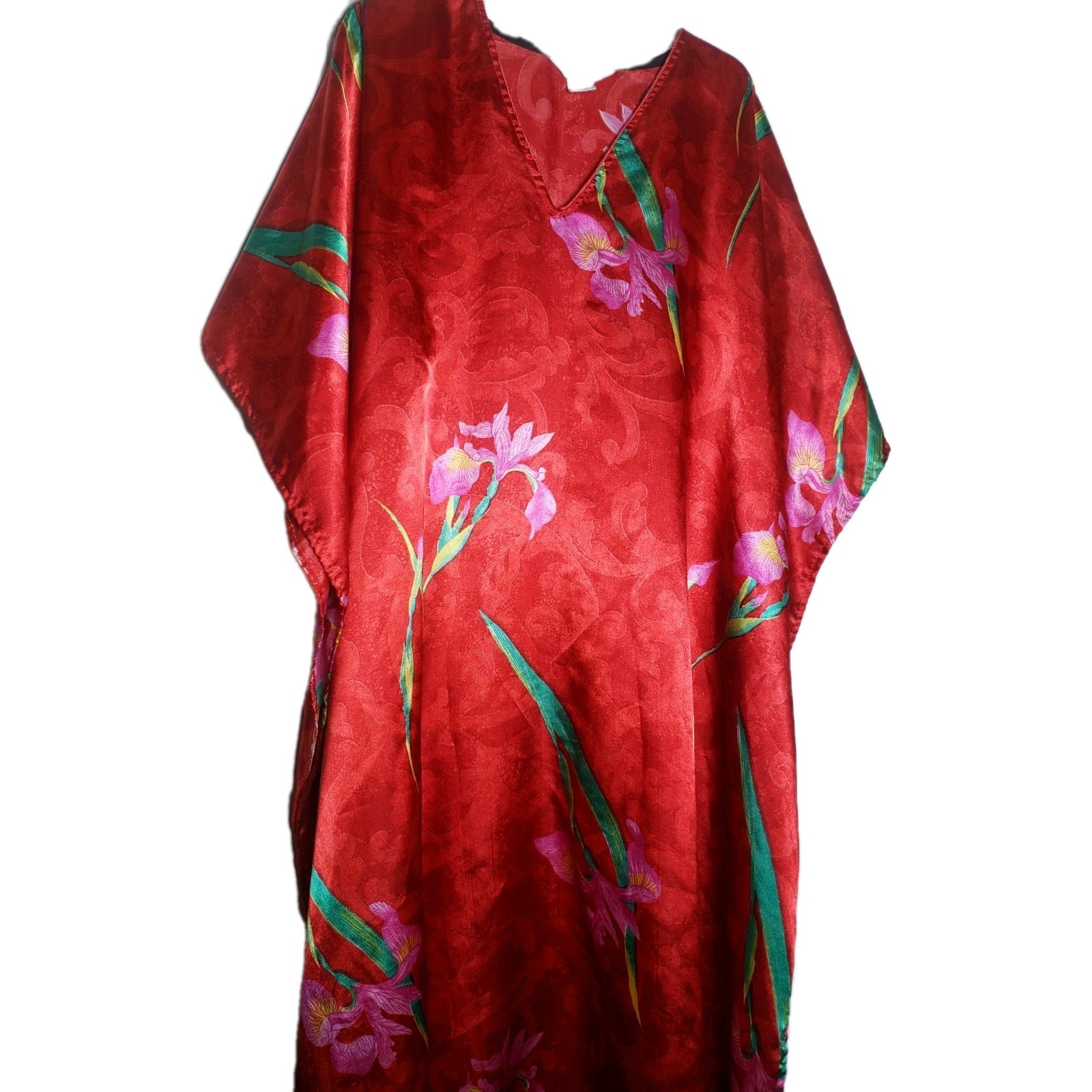 Winlar Womens Kaftan Red Floral Satin Coverup OSFM