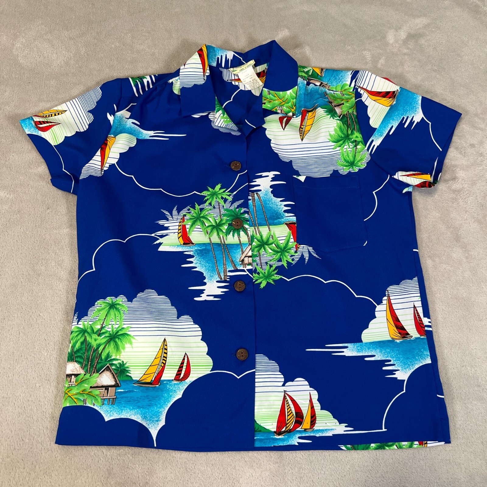 Vintage 70s Hawaii Shirt Women’s Size Petite Small Blue Short Sleeve Beach Ocean