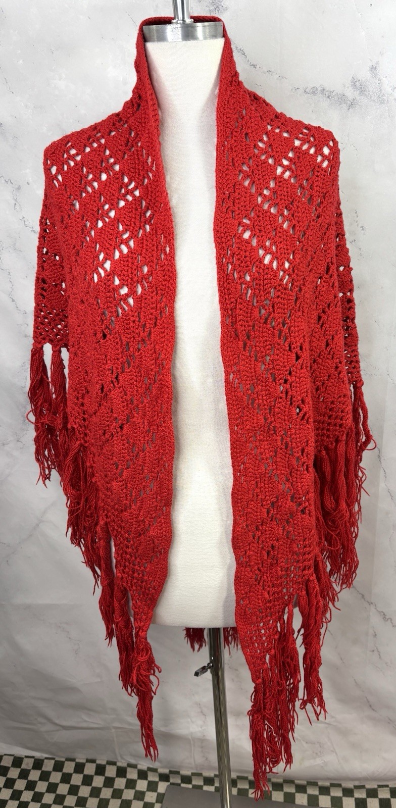 Vintage 70s Crochet Knit Shawl Red Cape Wrap cottagecore Boho Hippie Festival