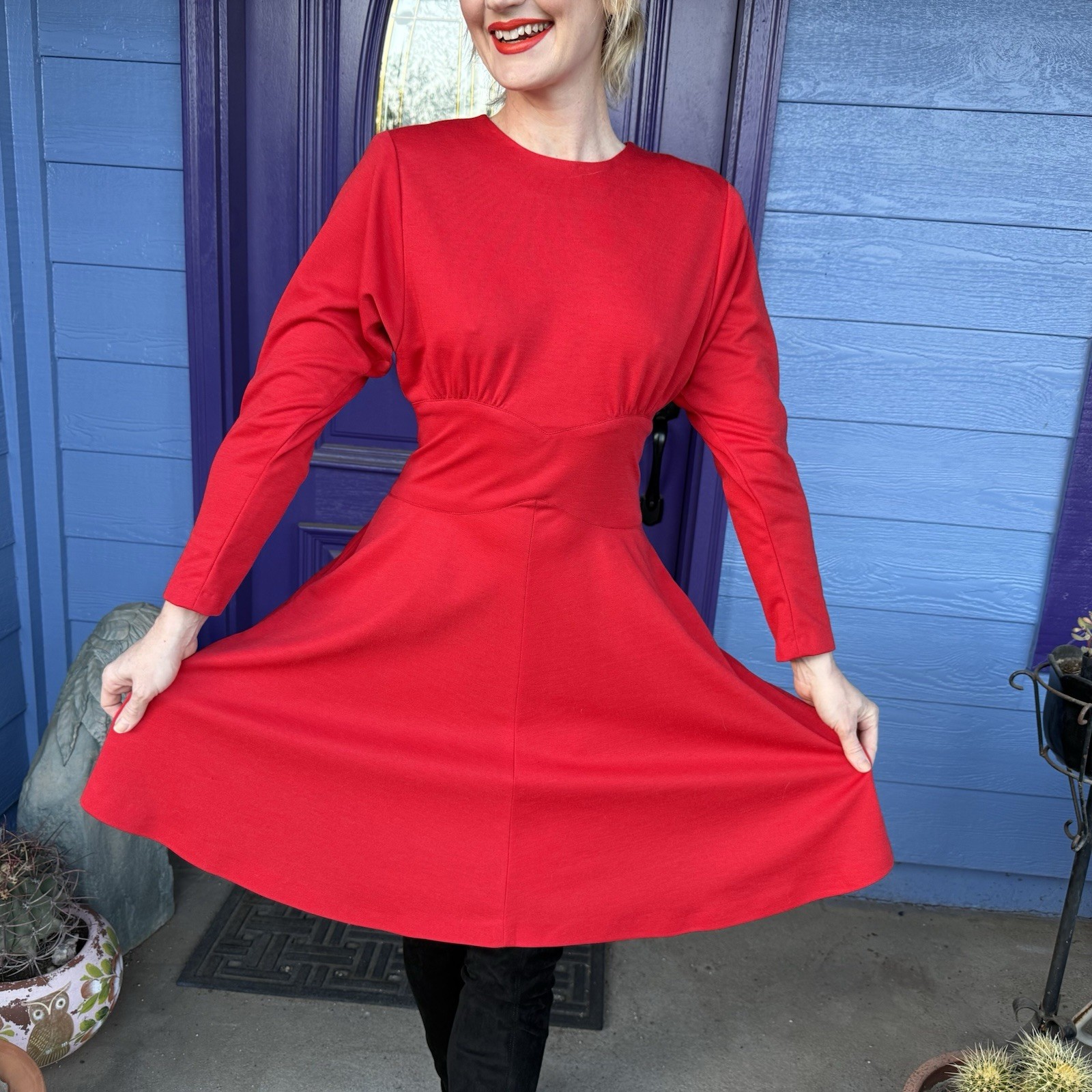 Red Studio E vintage 80s 90s Midi dress long sleeves Size Small Holiday Party